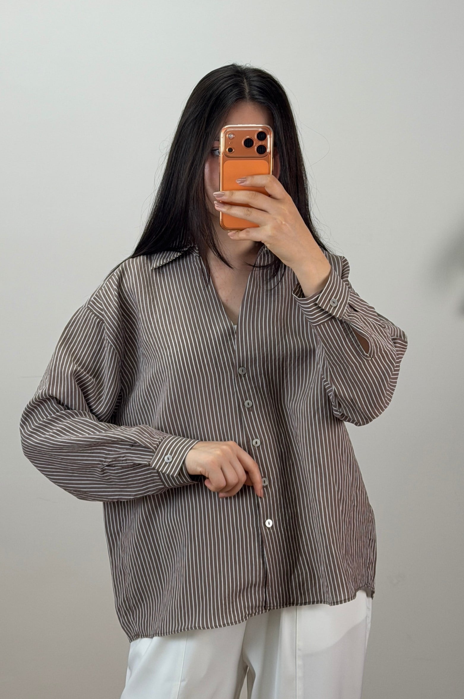 Çizgili Oversize Gömlek Kahve 