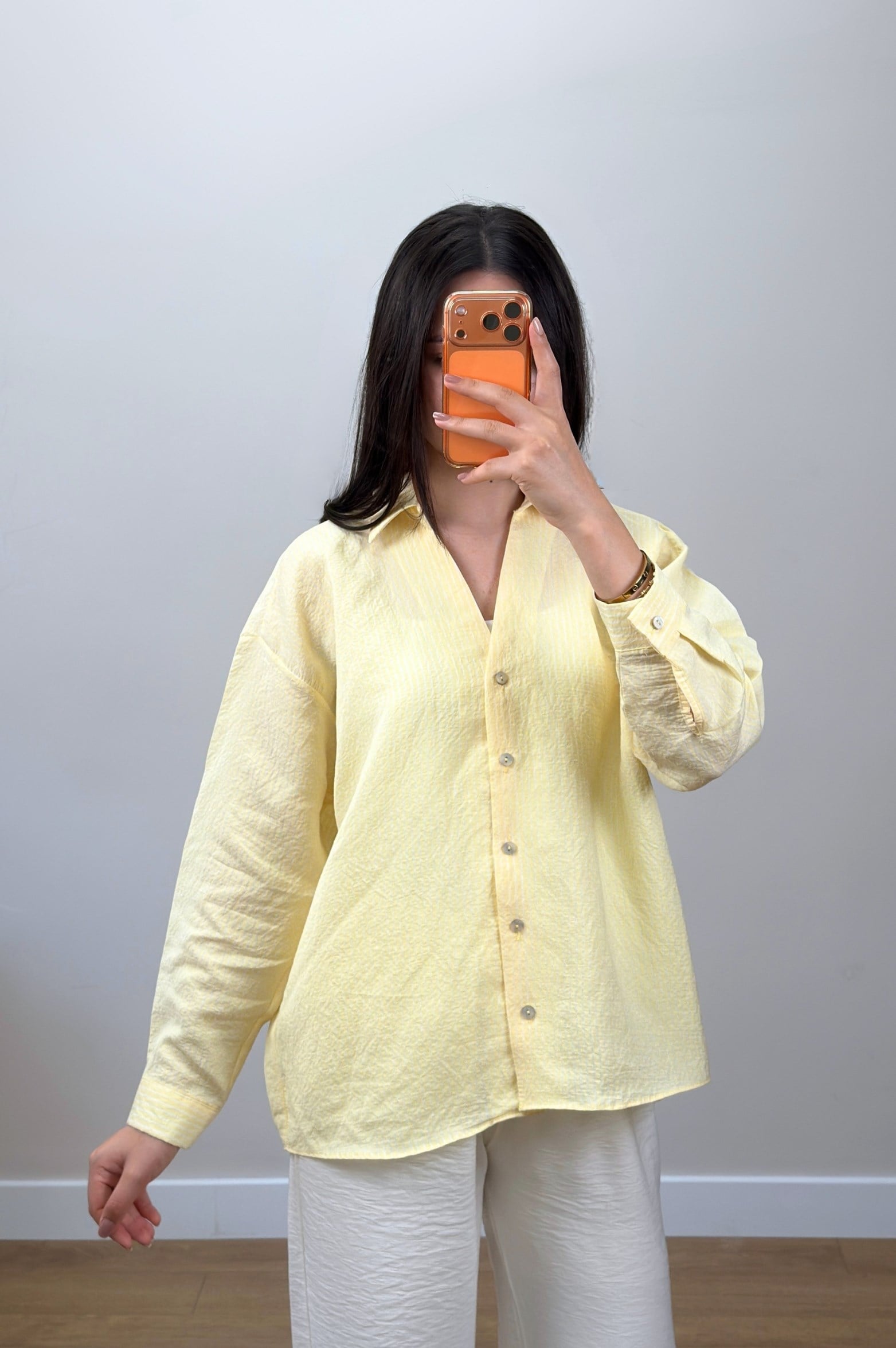 Çizgili Oversize Gömlek  Sarı