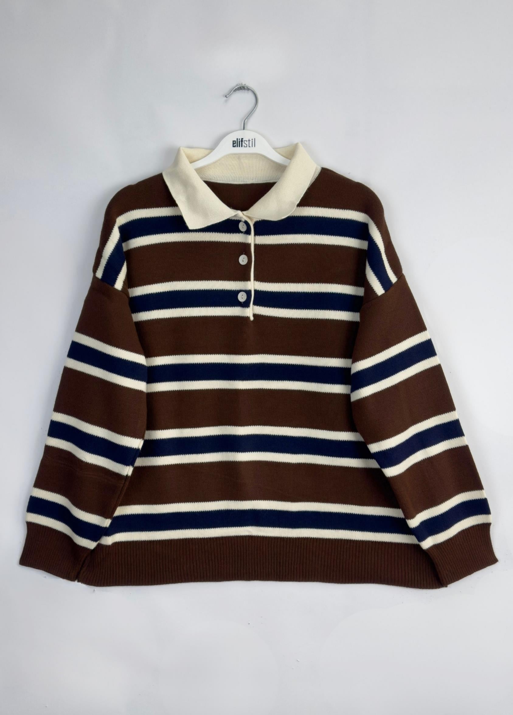 Çizgili Polo Yaka Sweat Kahve