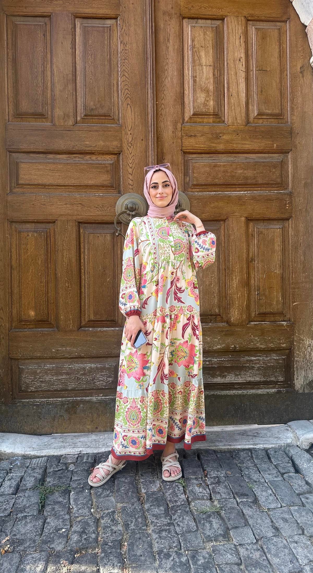 Desenli Elbise Oranj