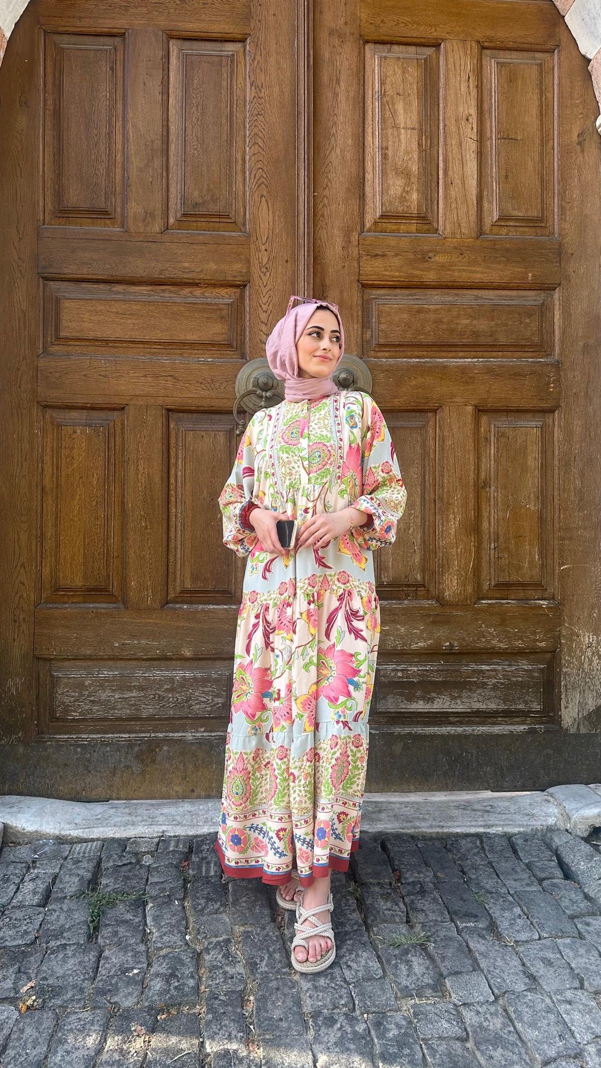 Desenli Elbise Oranj