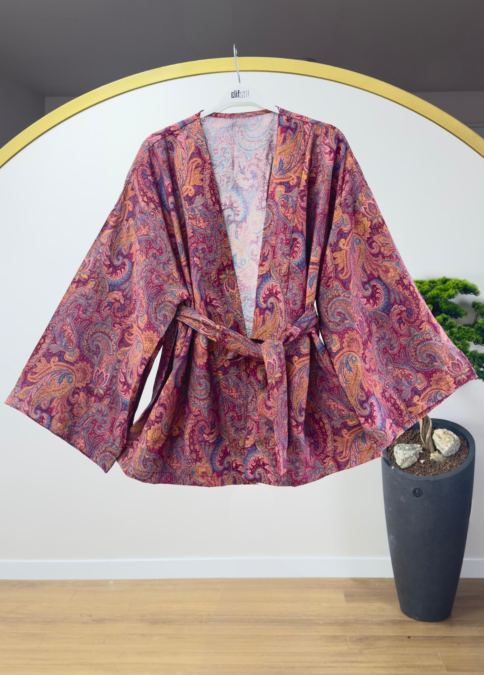 Desenli Kimono Bordo 
