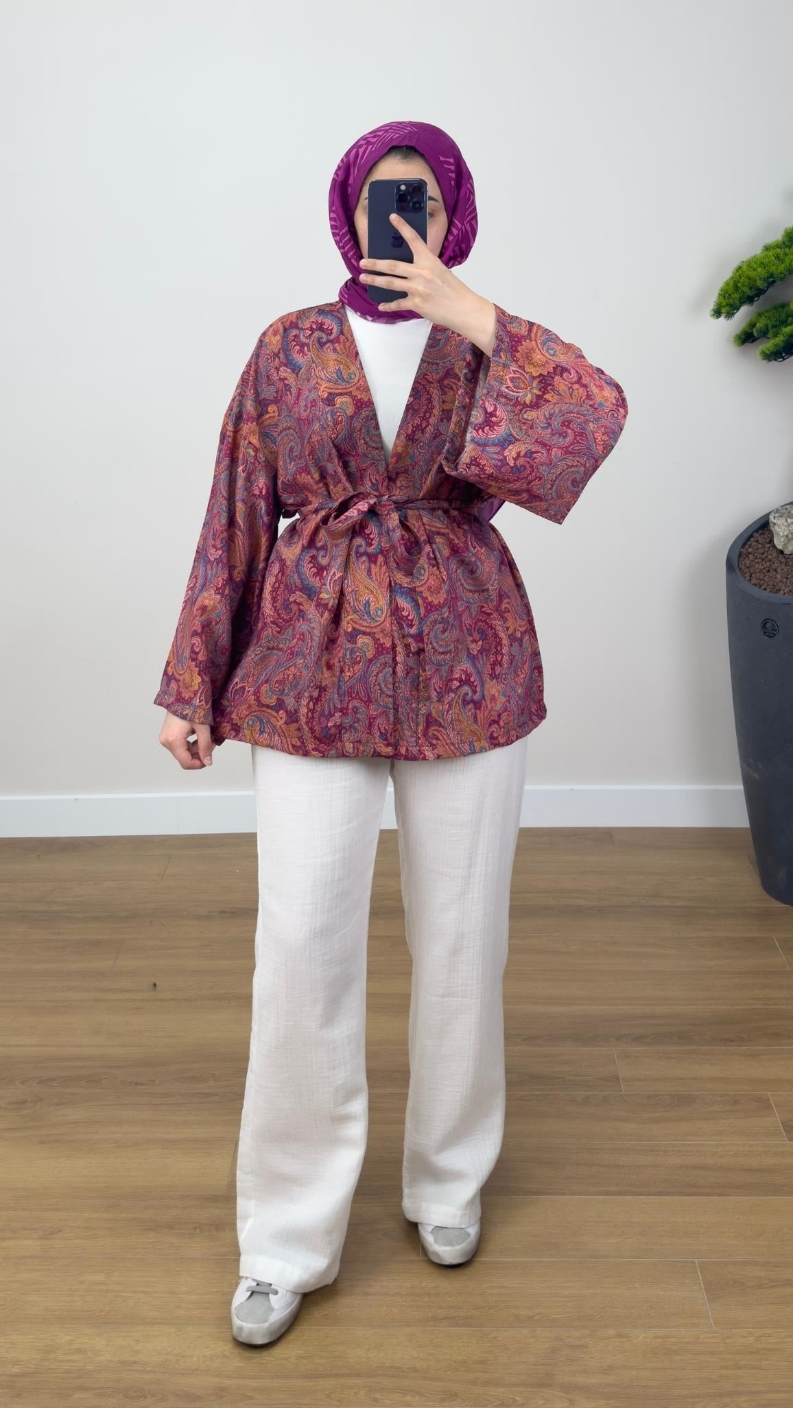 Desenli Kimono Bordo 