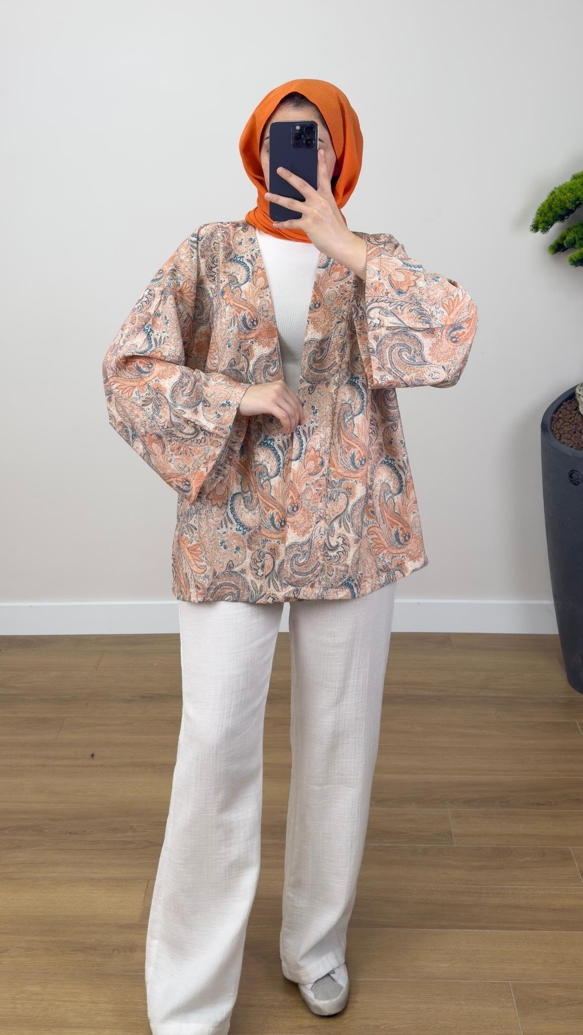 Desenli Kimono Mavi Turuncu