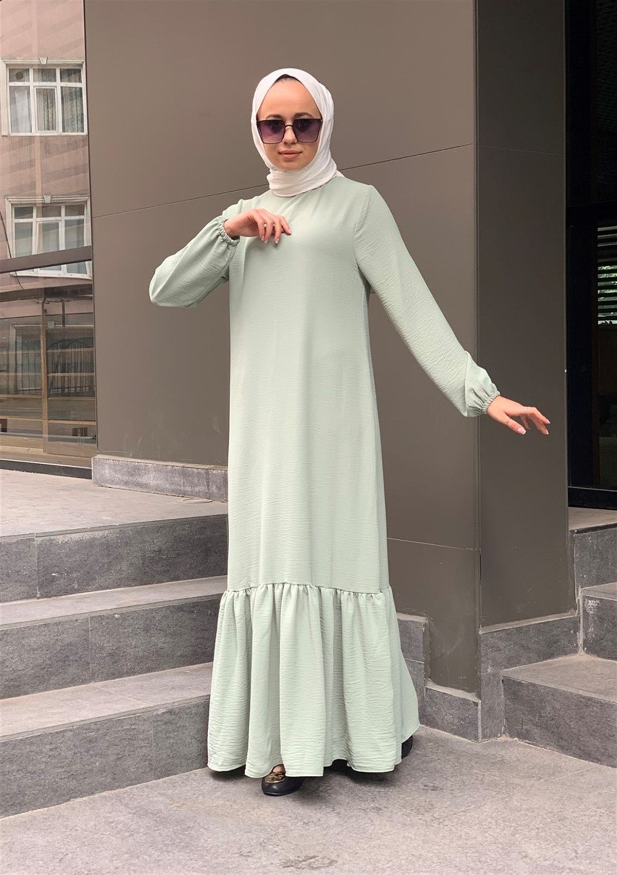 Eteği Fırfırlı Elbise Mint Yeşili