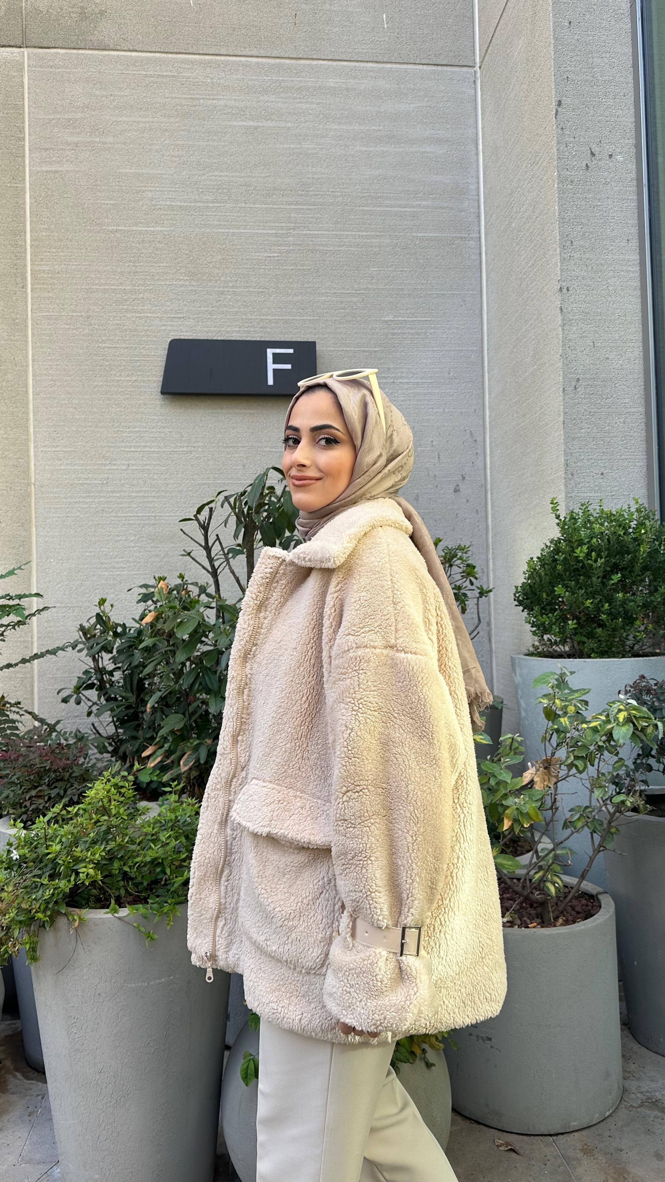 Fermuarlı Peluş Mont Bej