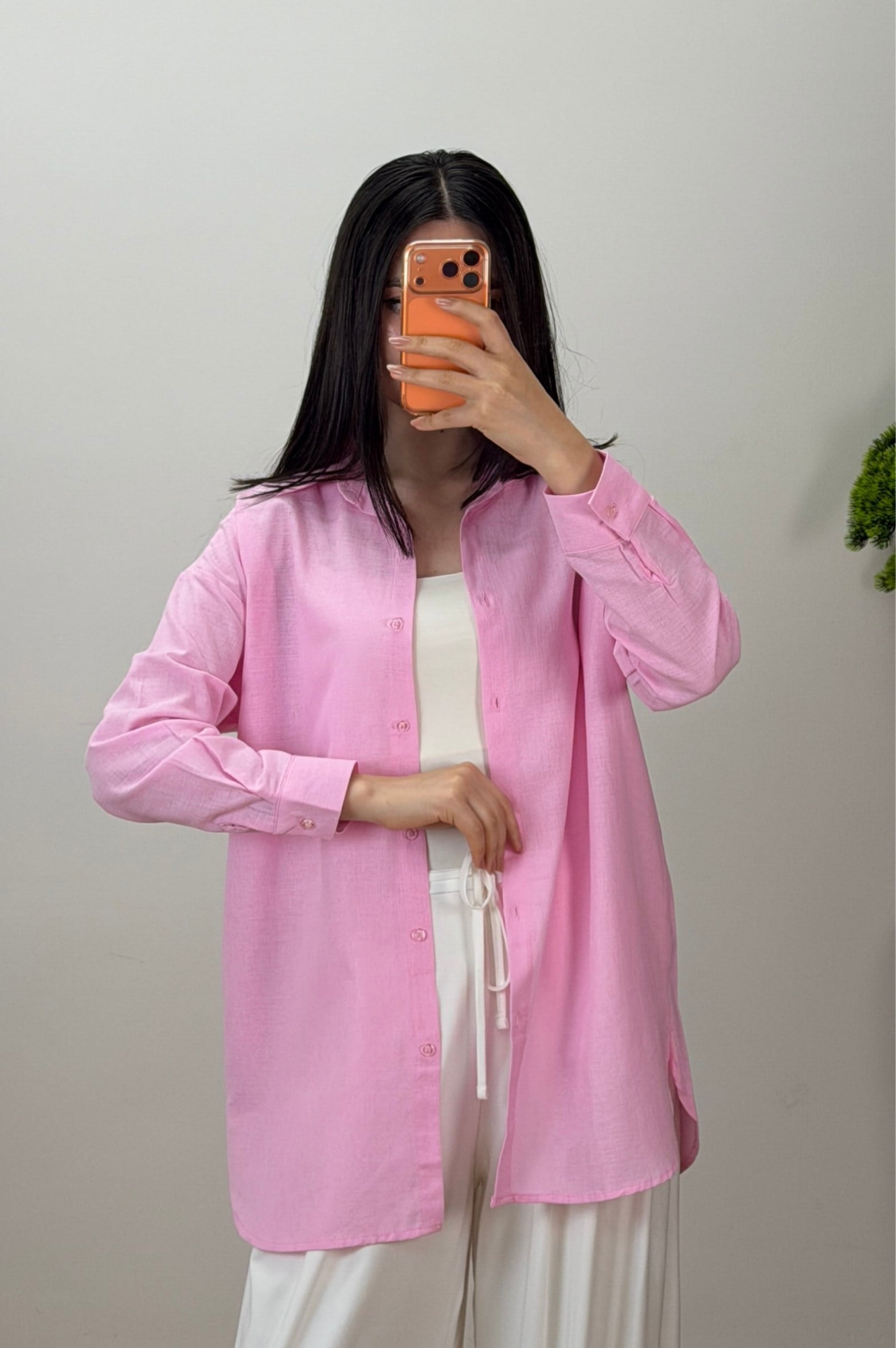Flamlı Keten Gömlek Pembe 