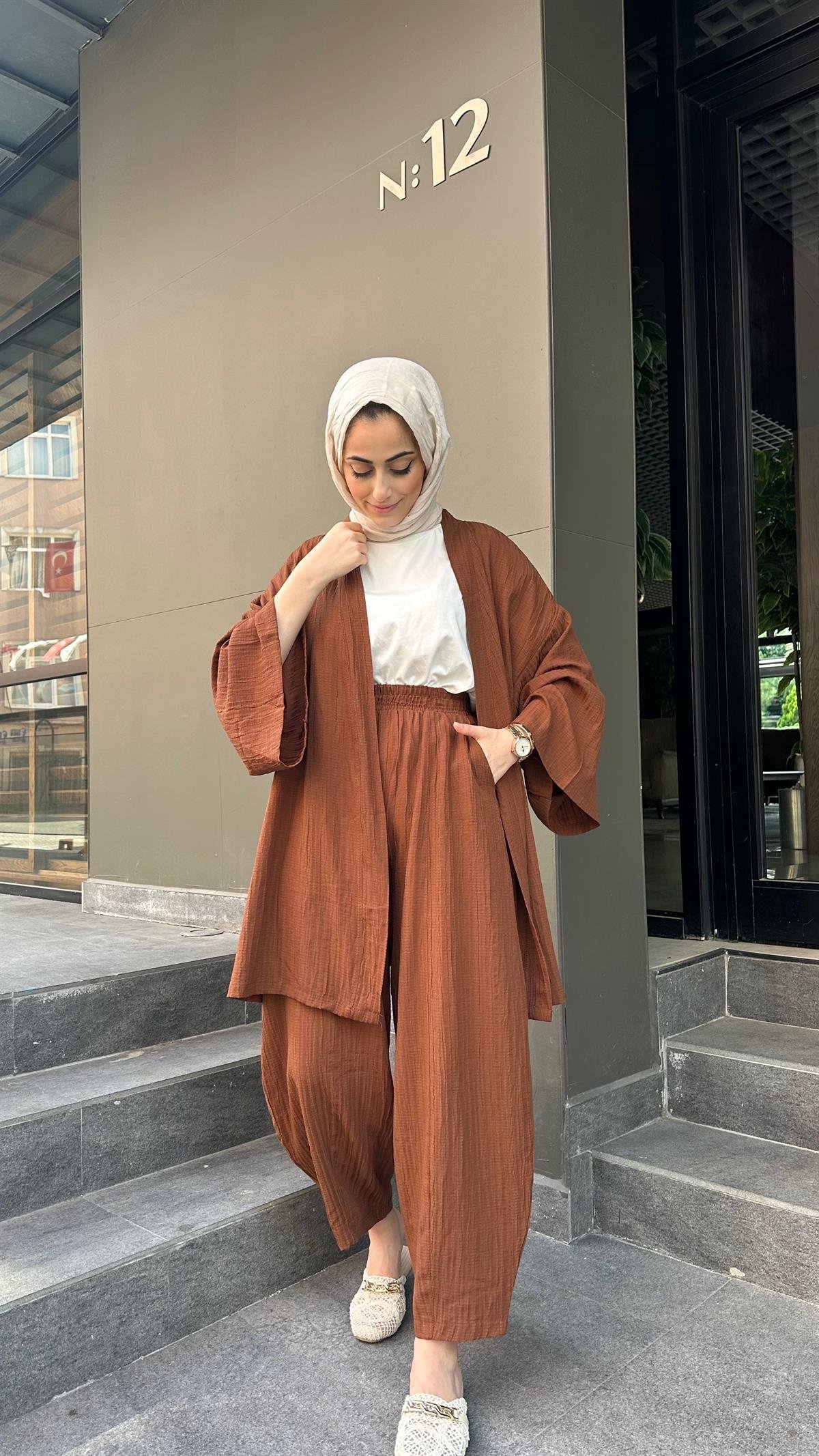 Gofre Kimono Takım Kahve