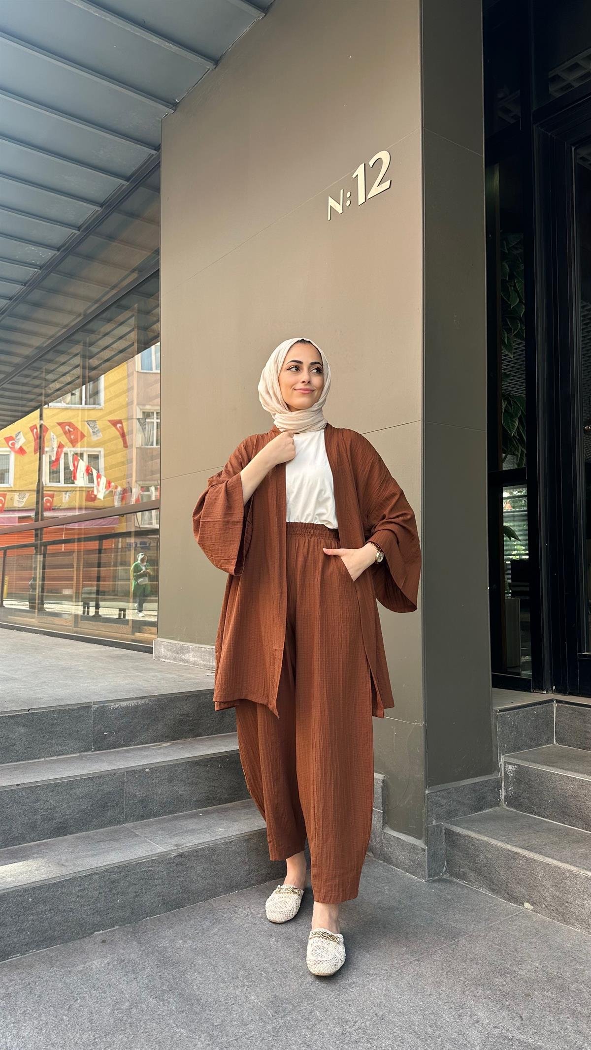Gofre Kimono Takım Kahve