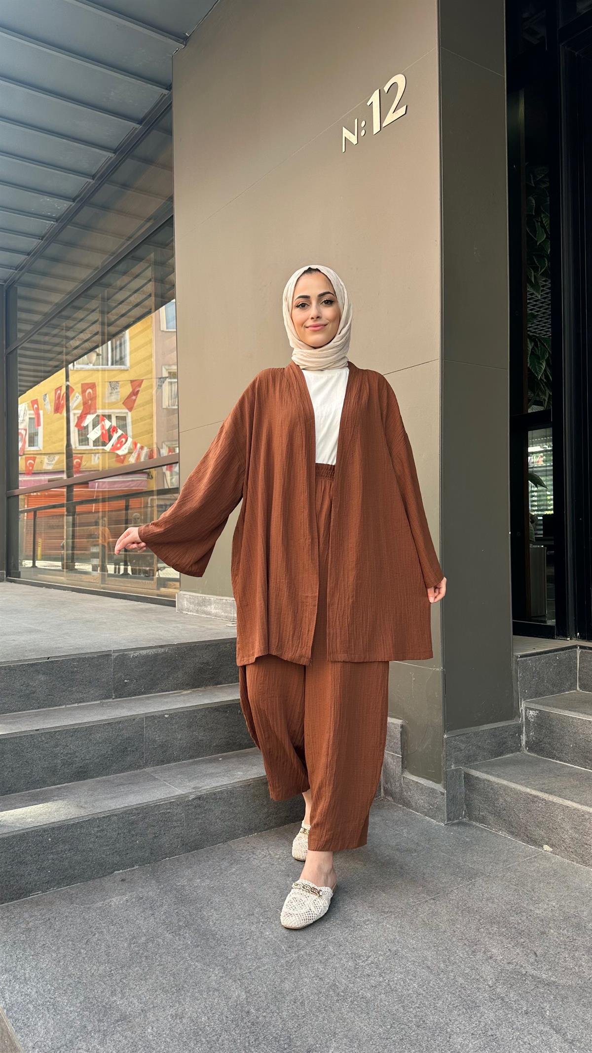 Gofre Kimono Takım Kahve