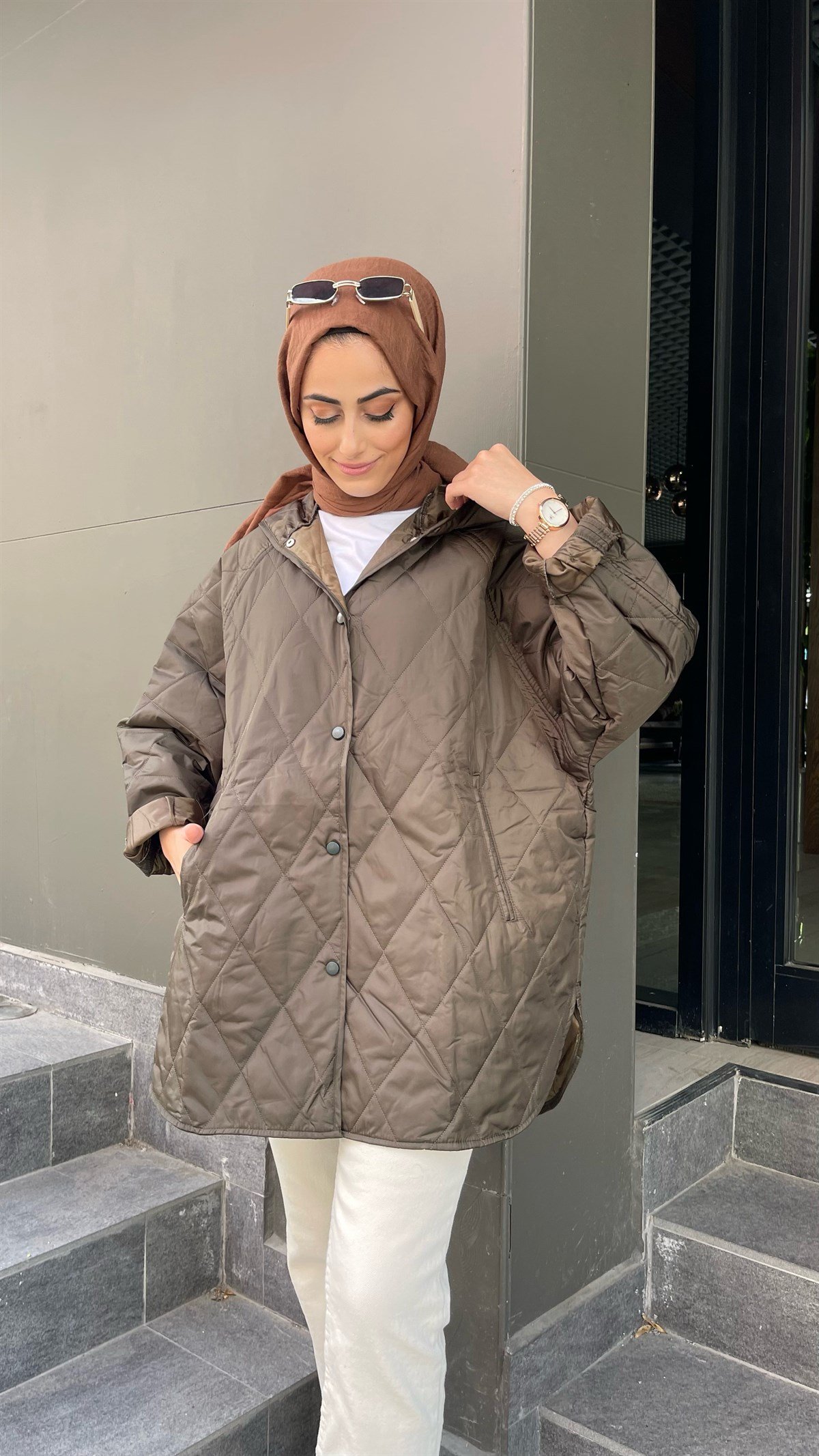 Kapşonlu Kapitone Ceket Mont Haki