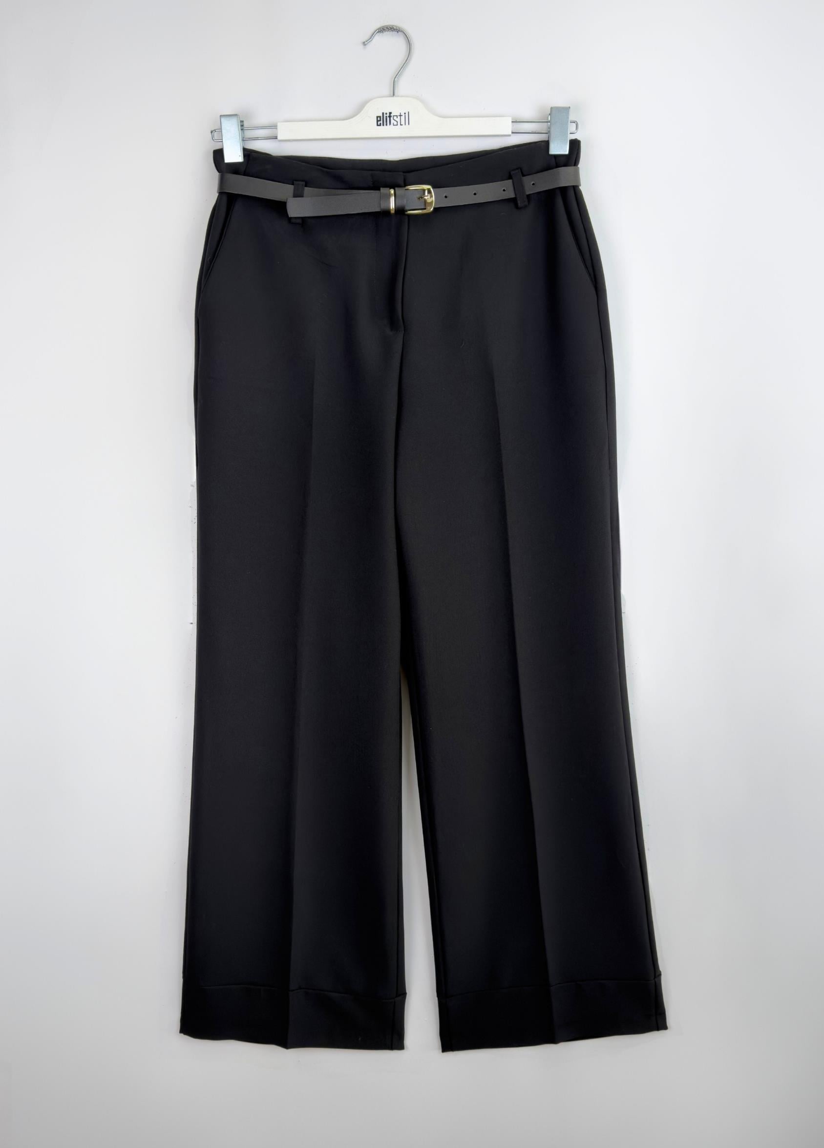 Kemerli Double Paça Pantolon Siyah