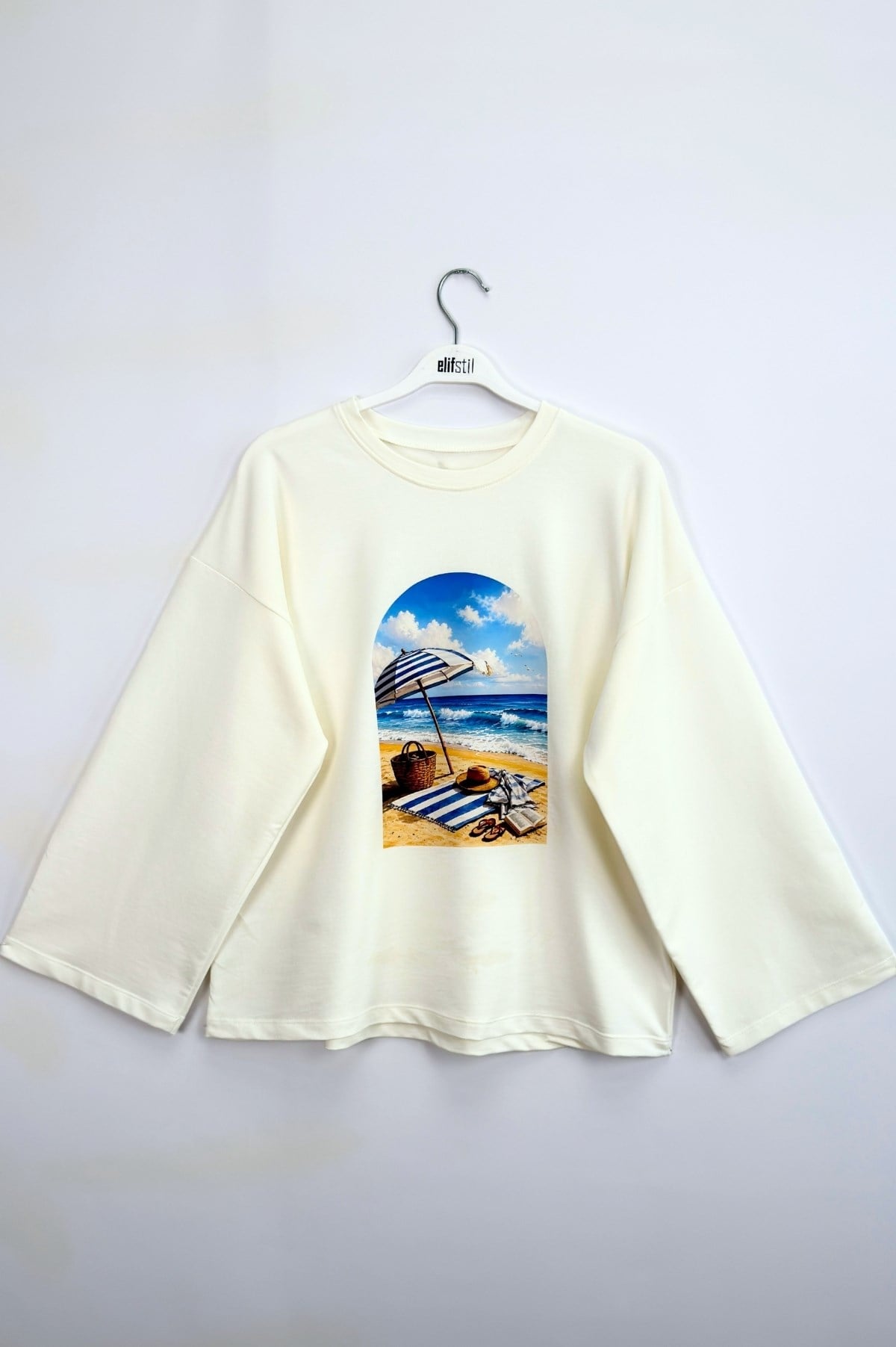Kumsal Baskılı Sweatshirt Ekru
