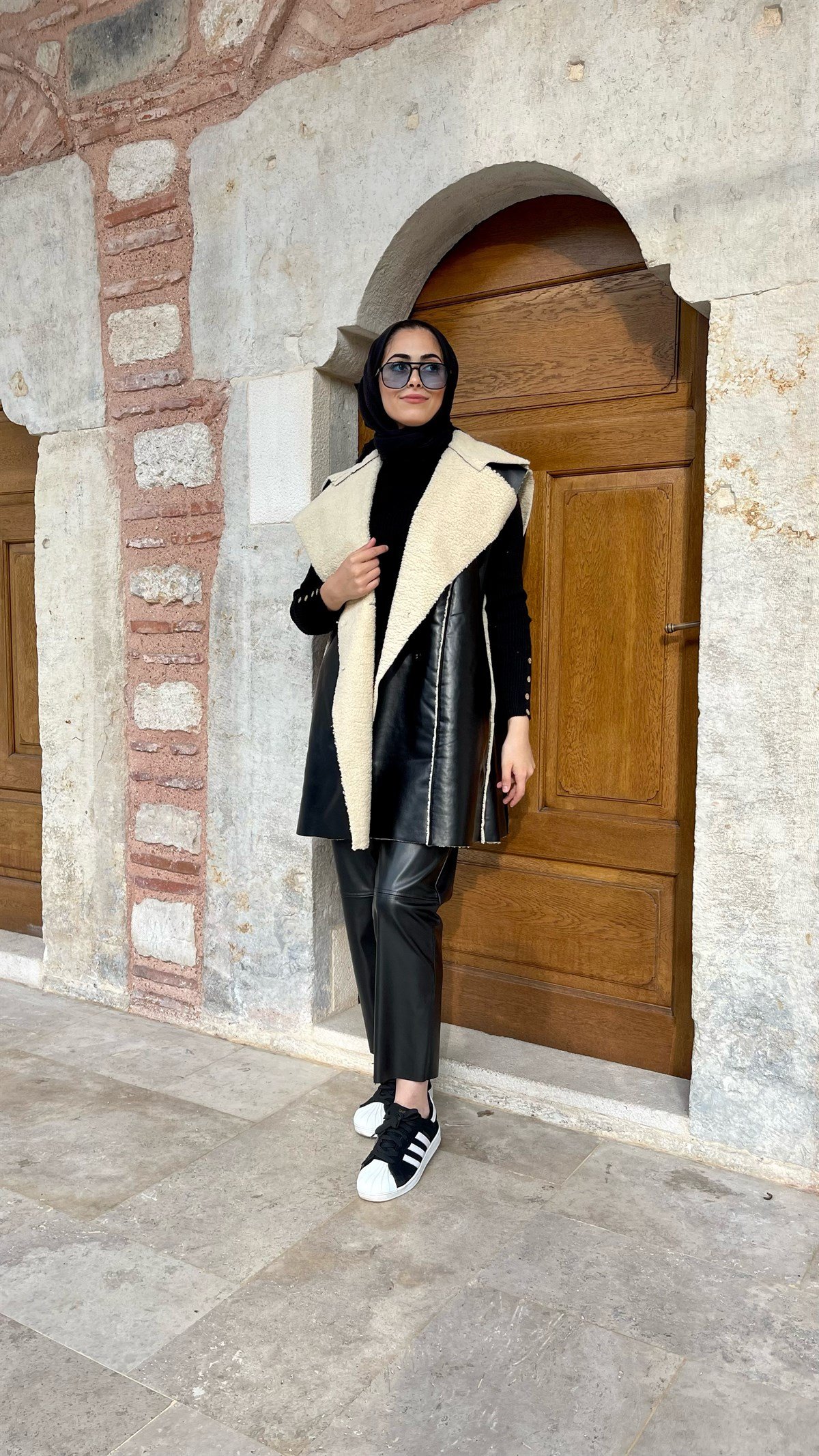 Kürklü Deri Yelek Siyah