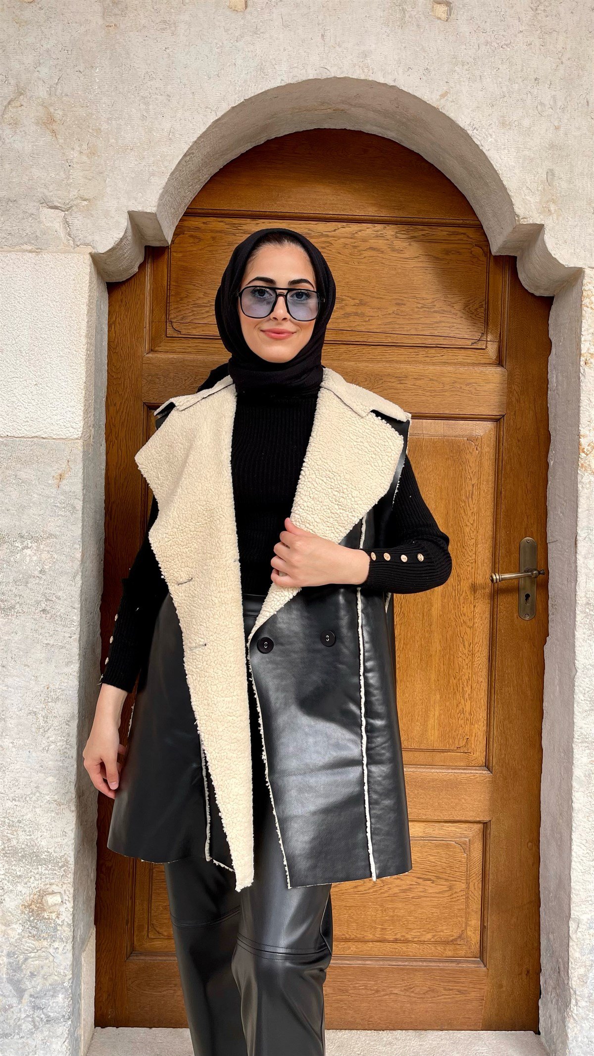 Kürklü Deri Yelek Siyah