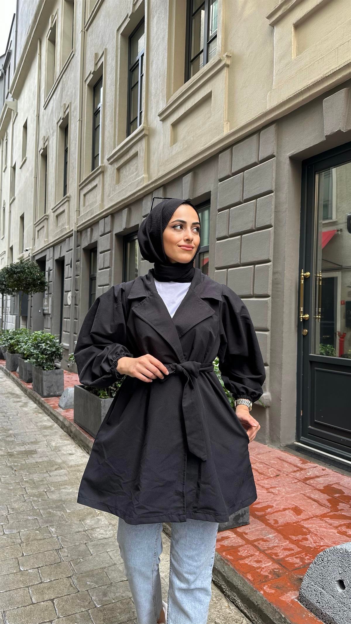 Kuşaklı Trenç Siyah 