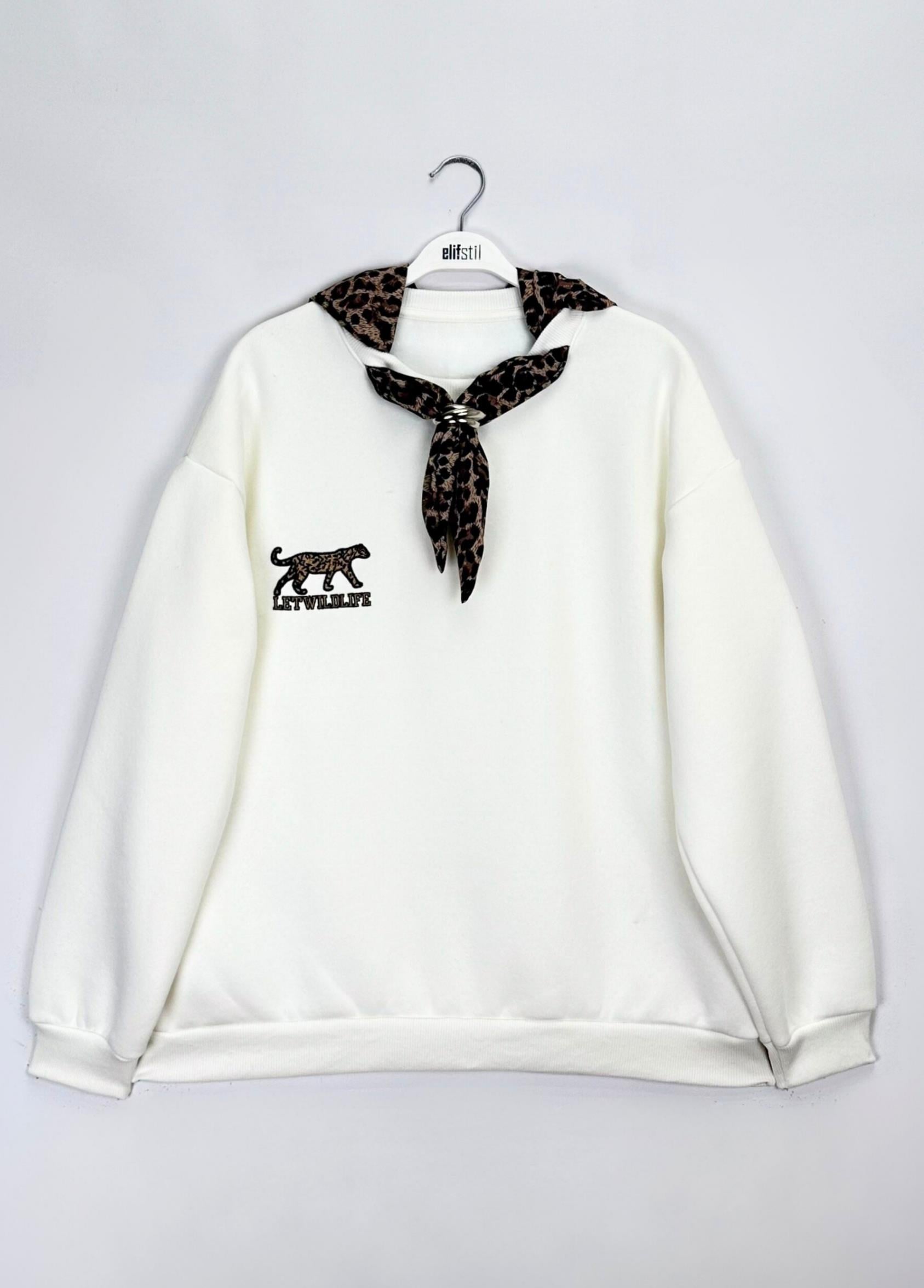 Leopar Desenli Fularlı Sweat Beyaz 