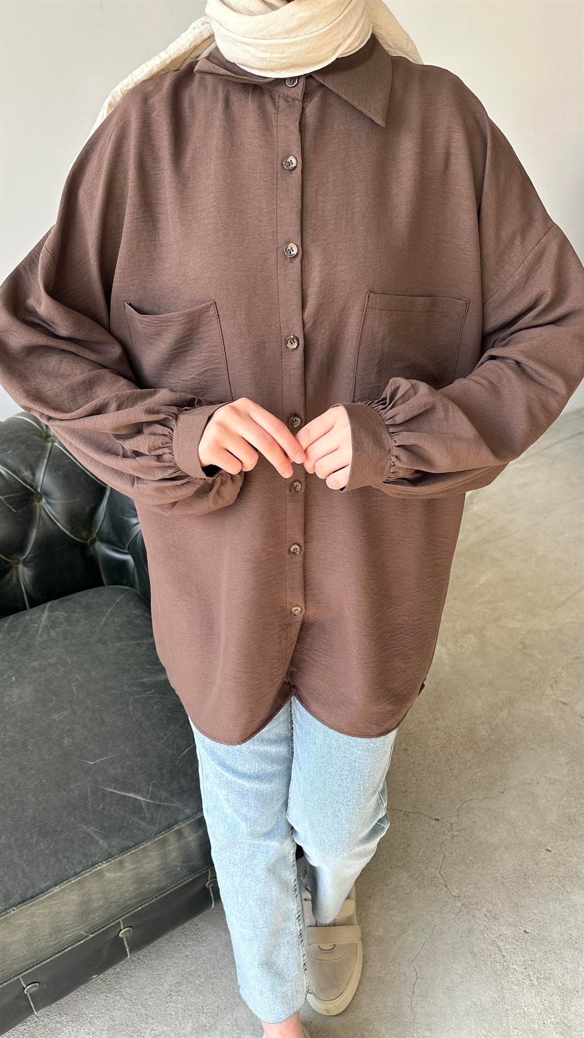 Oversize Balon Kol Gömlek Kahve