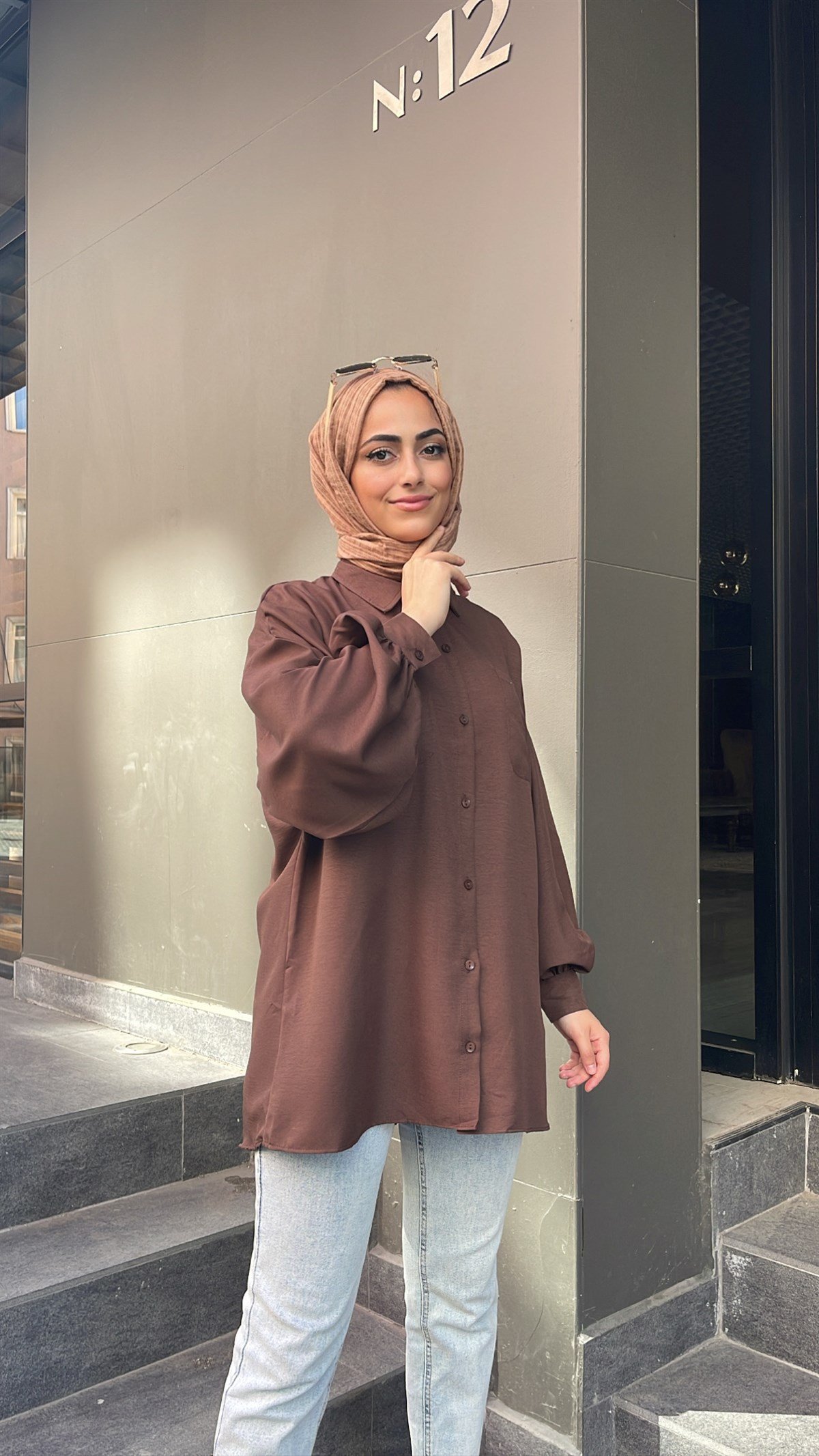 Oversize Balon Kol Gömlek Kahve