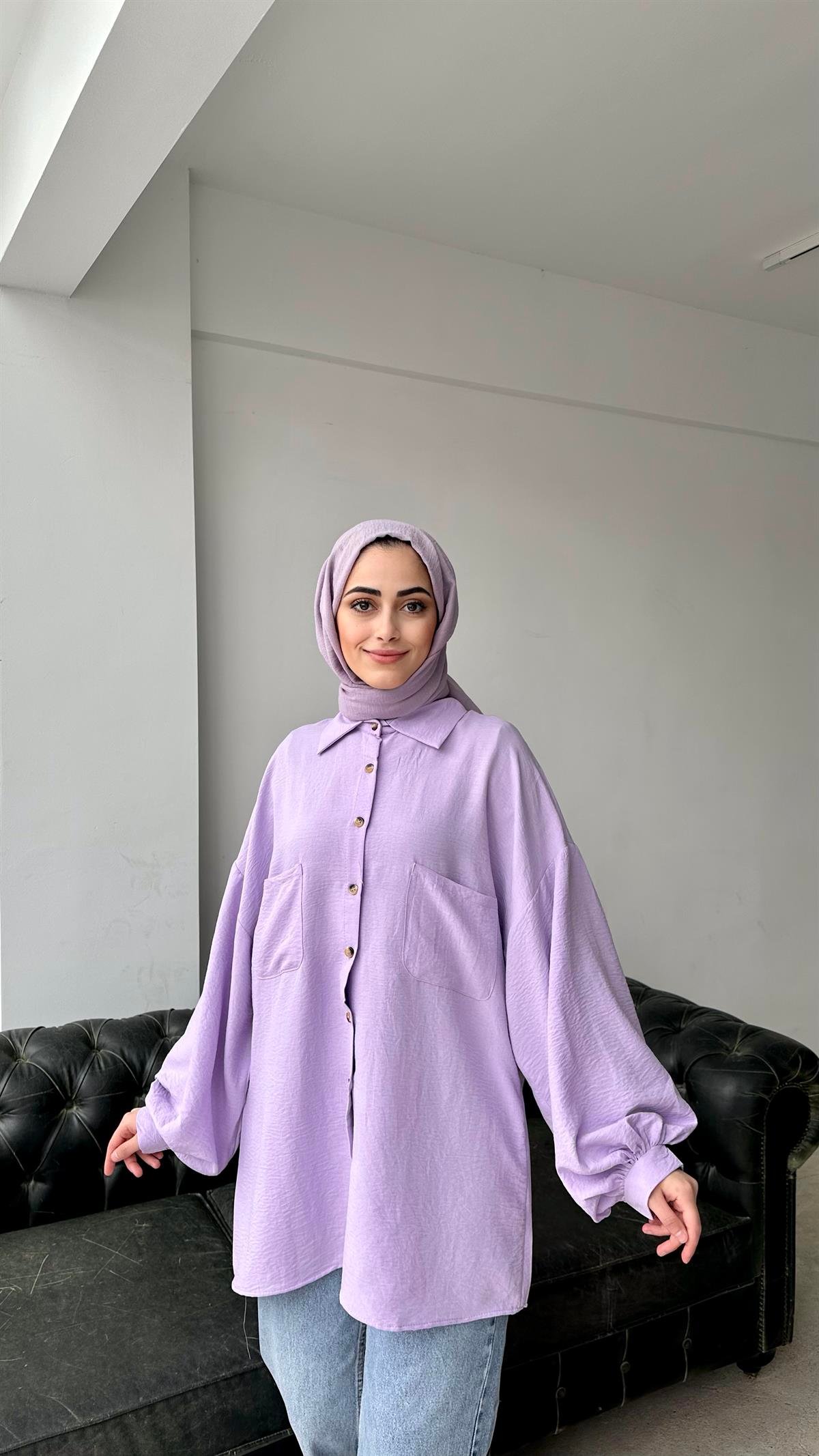Oversize Balon Kol Gömlek Lila