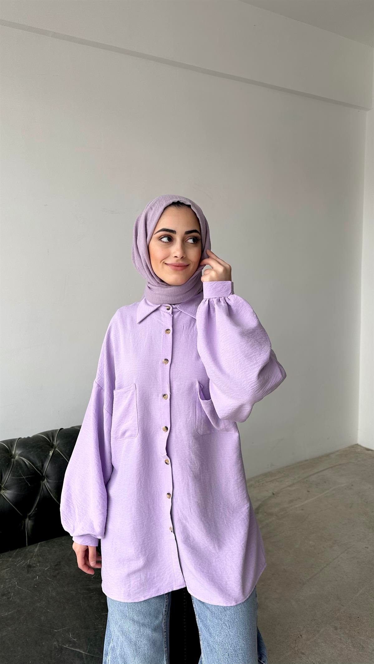 Oversize Balon Kol Gömlek Lila