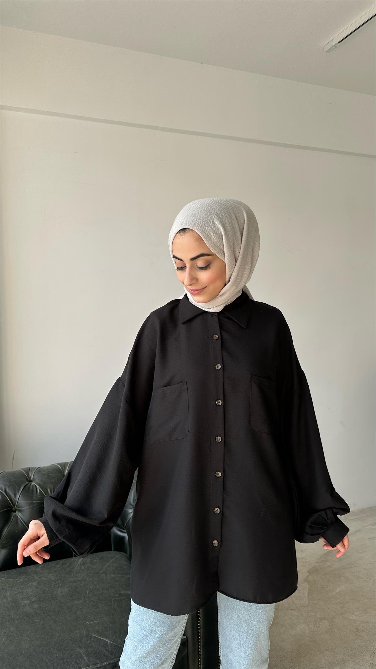 Oversize Balon Kol Gömlek Siyah