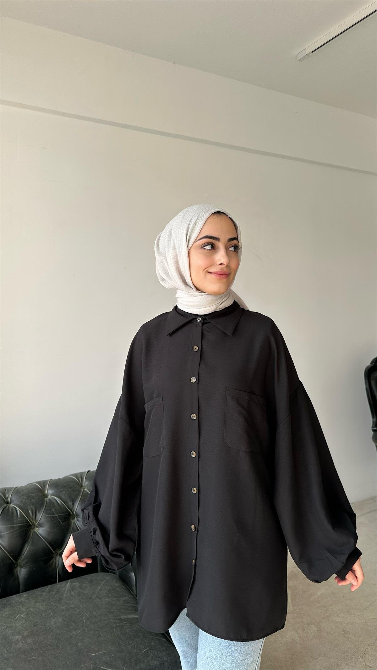 Oversize Balon Kol Gömlek Siyah