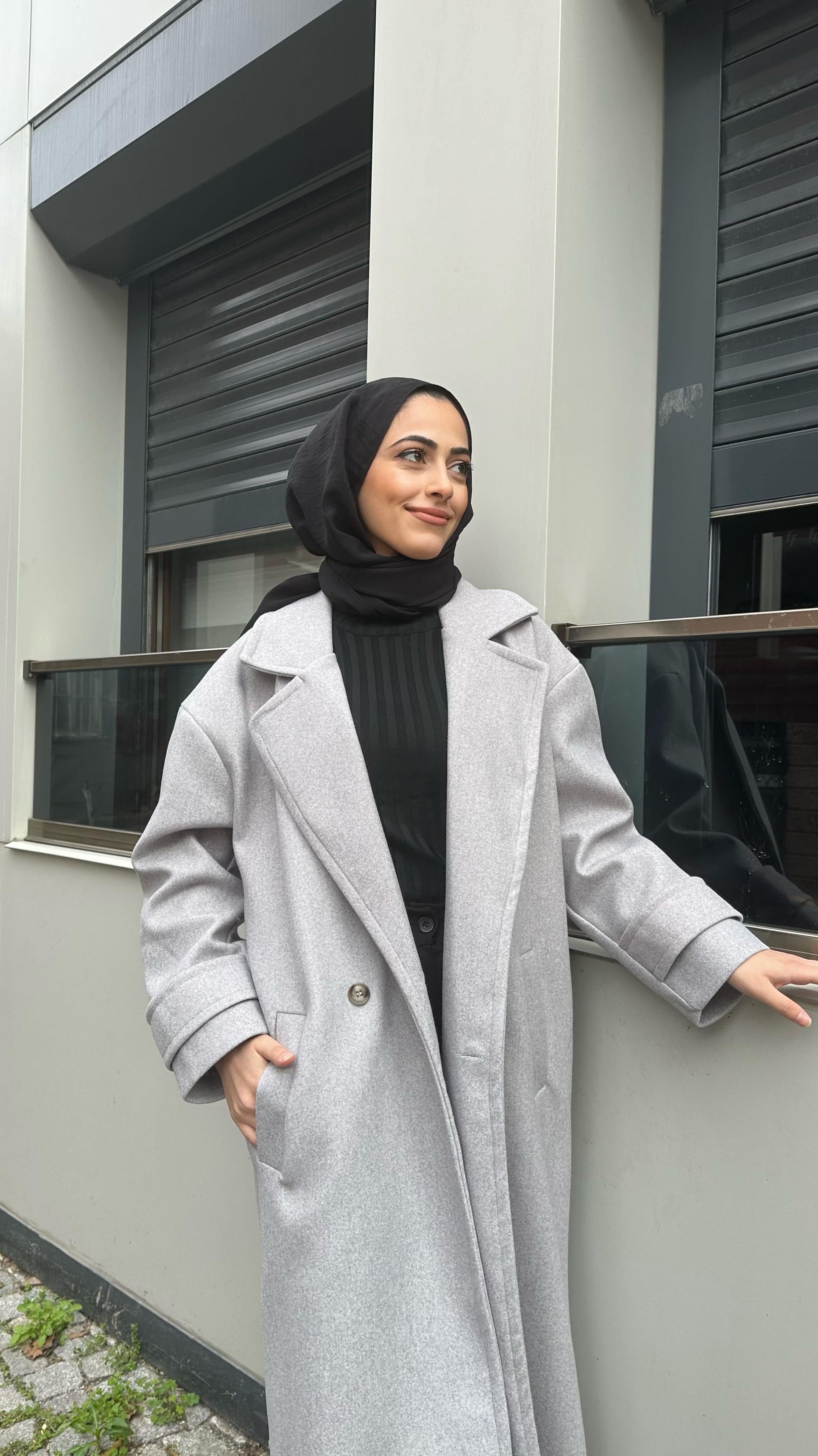 Oversize Kaşe Kaban Gri