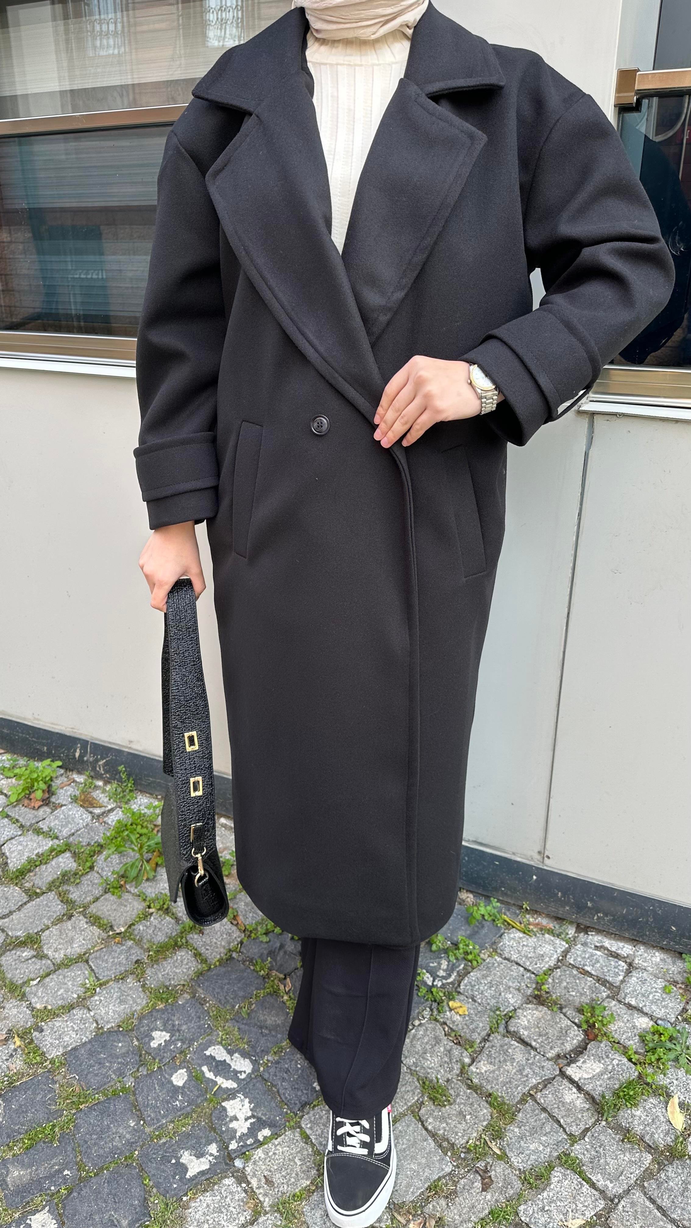 Oversize Kaşe Kaban Siyah