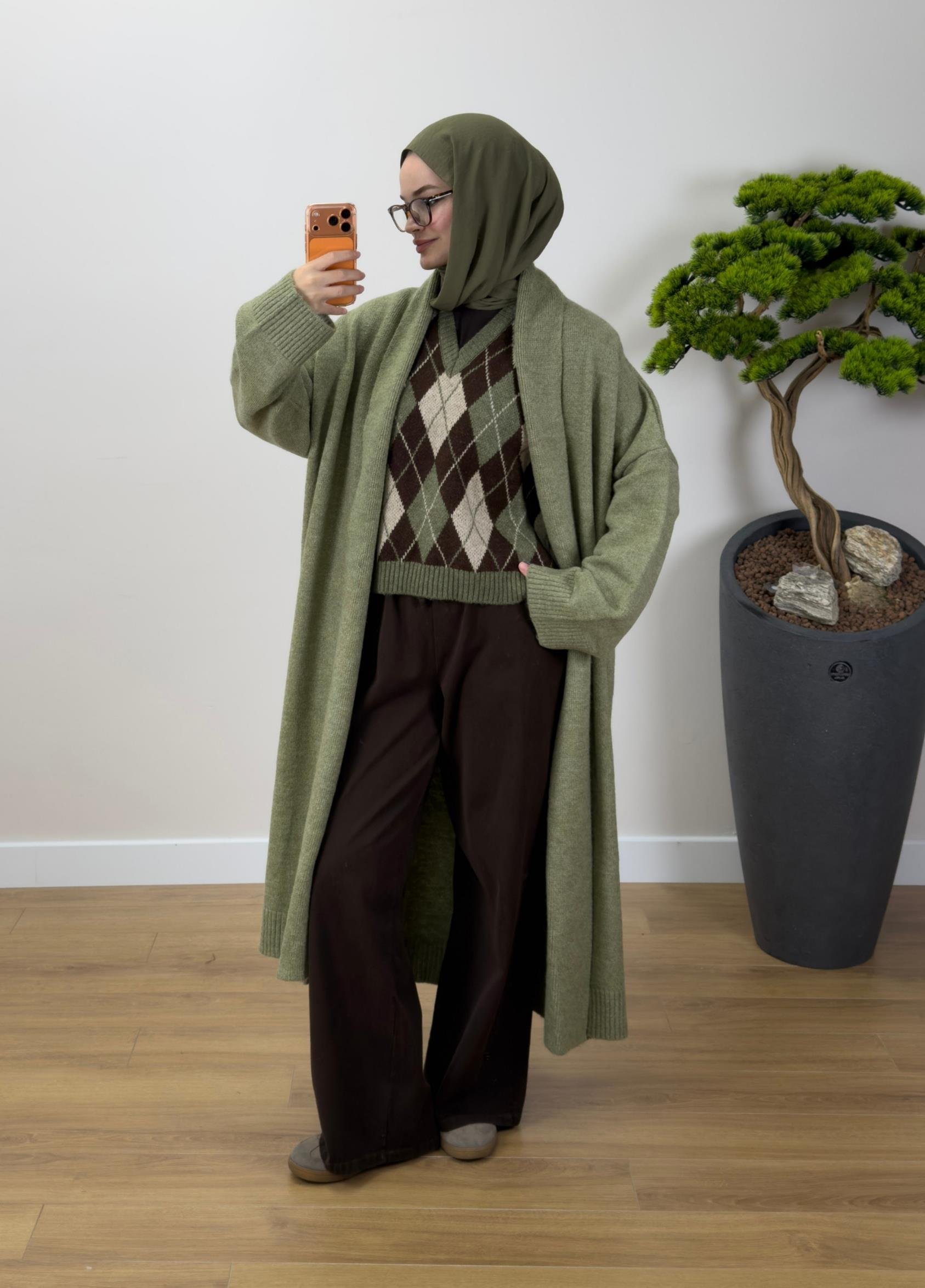 Oversize Şal Yaka Hırka Haki