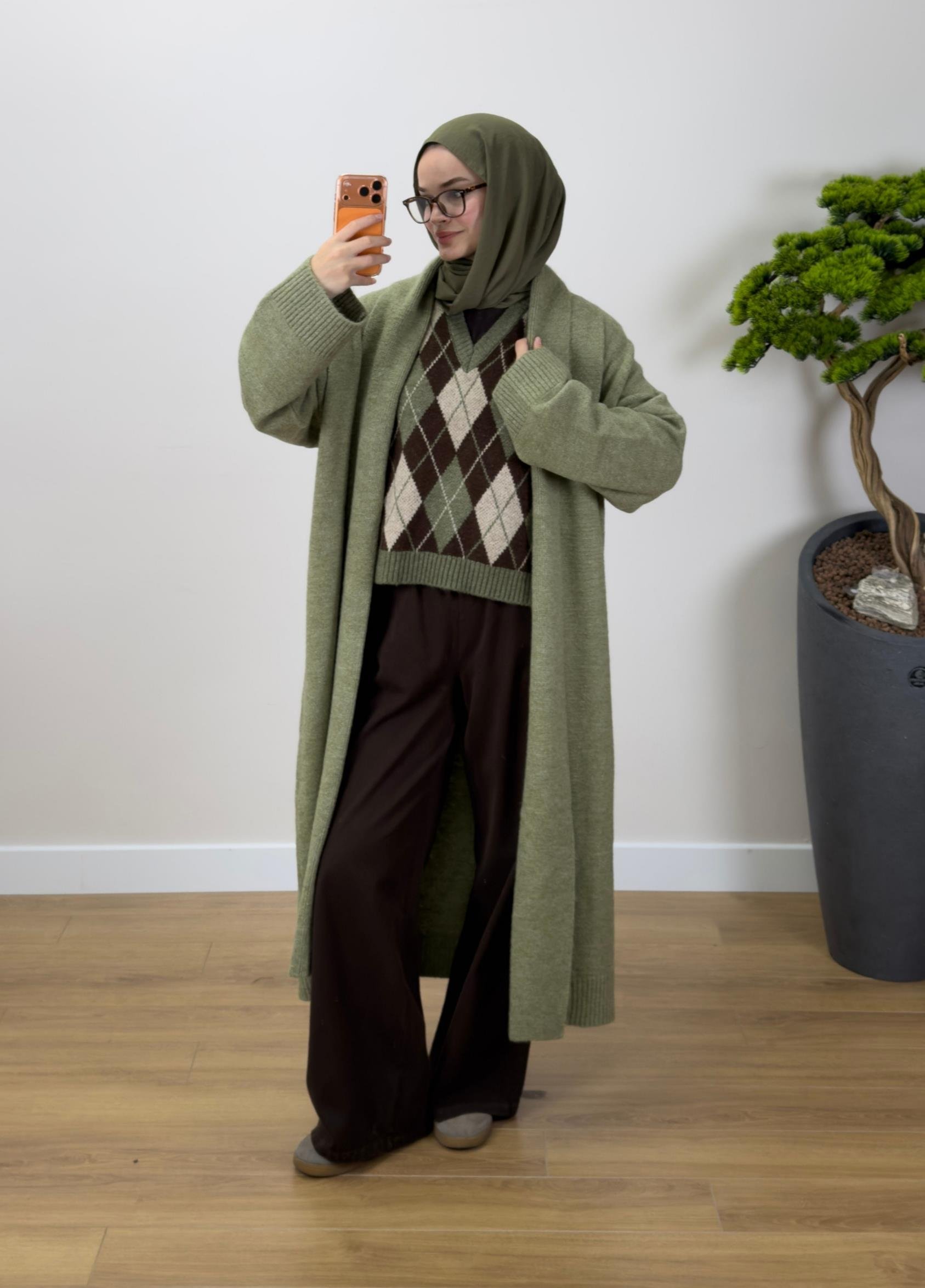 Oversize Şal Yaka Hırka Haki