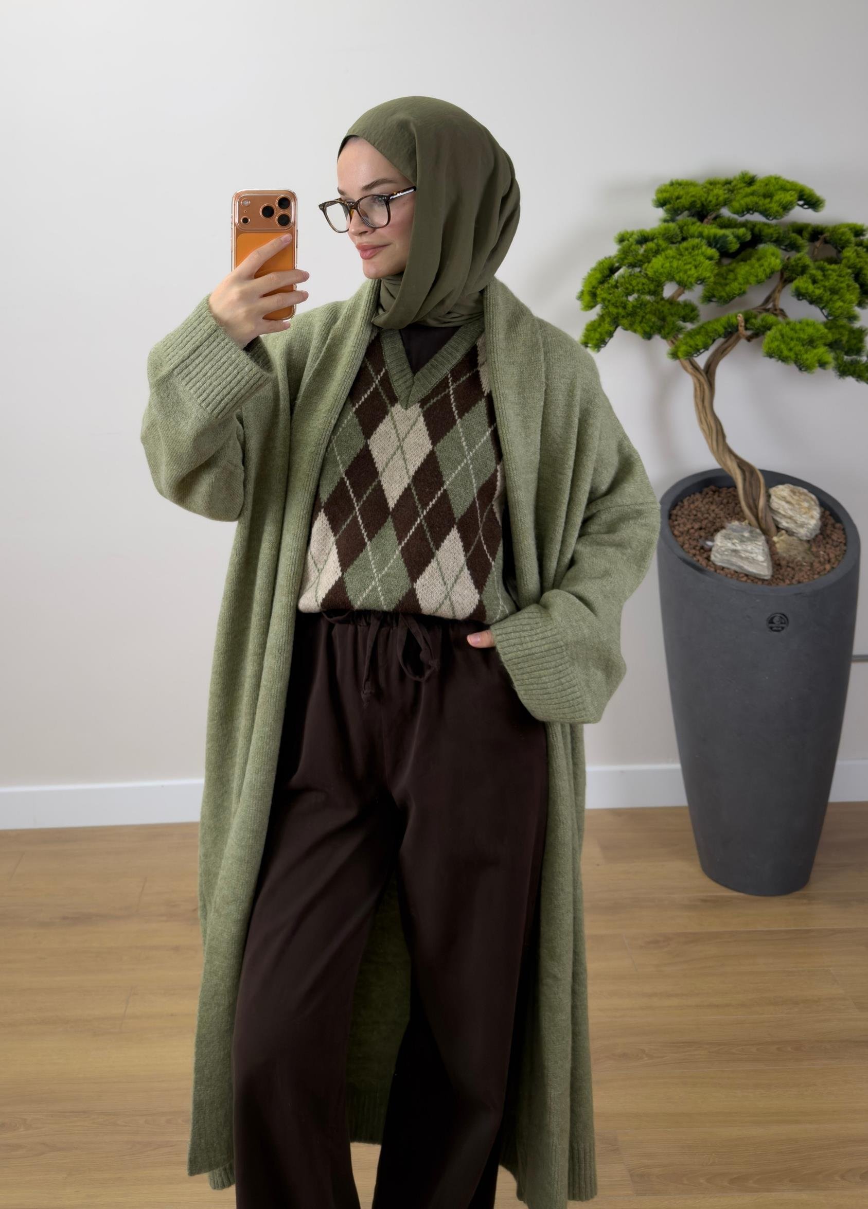 Oversize Şal Yaka Hırka Haki