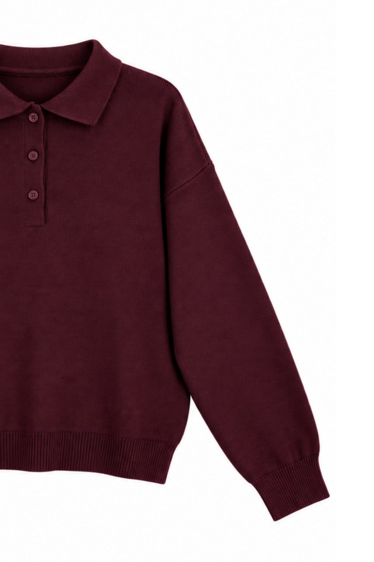 Polo Yaka Düğmeli Triko Kazak Bordo 
