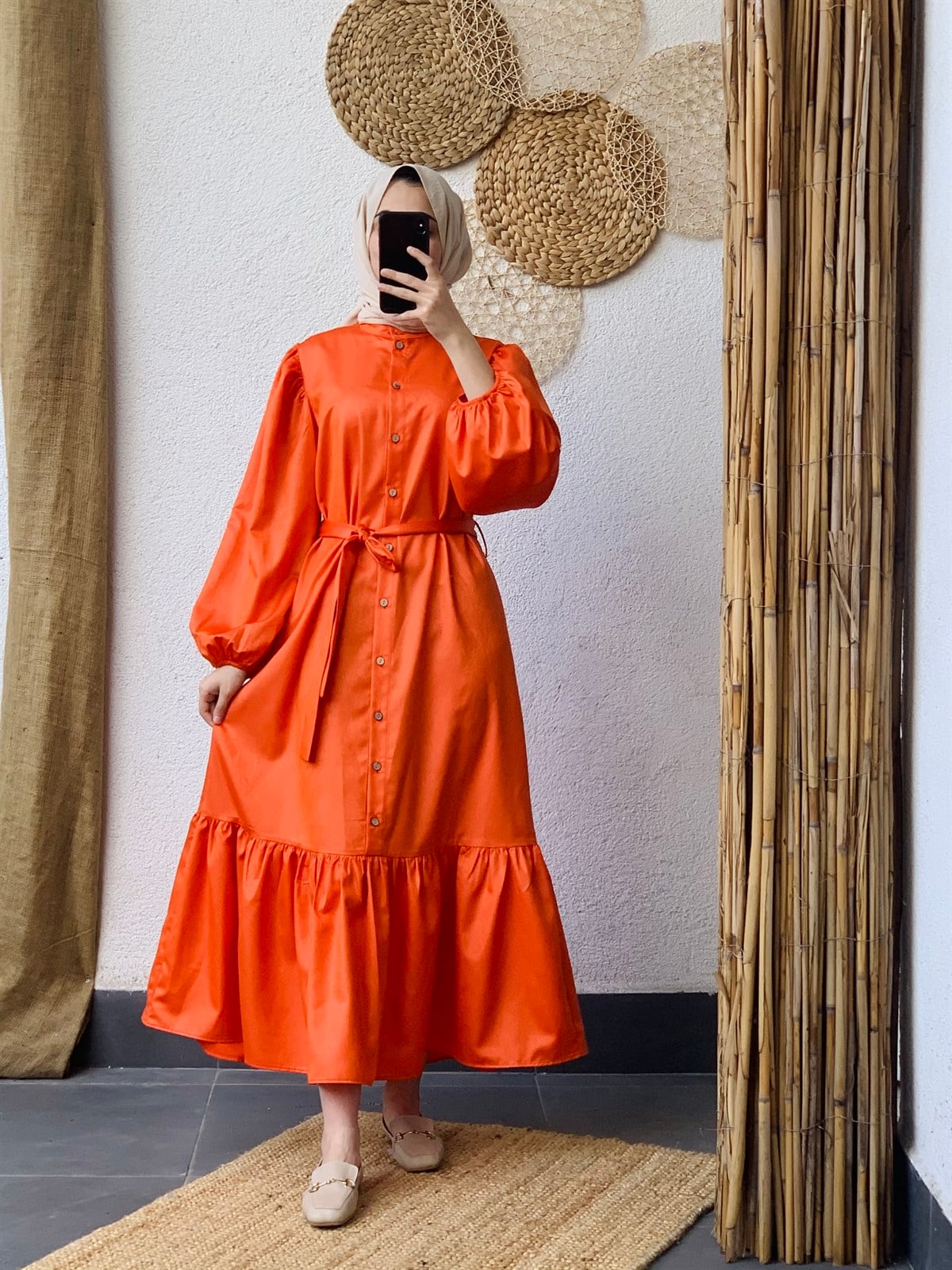 Saten Elbise Saks Oranj