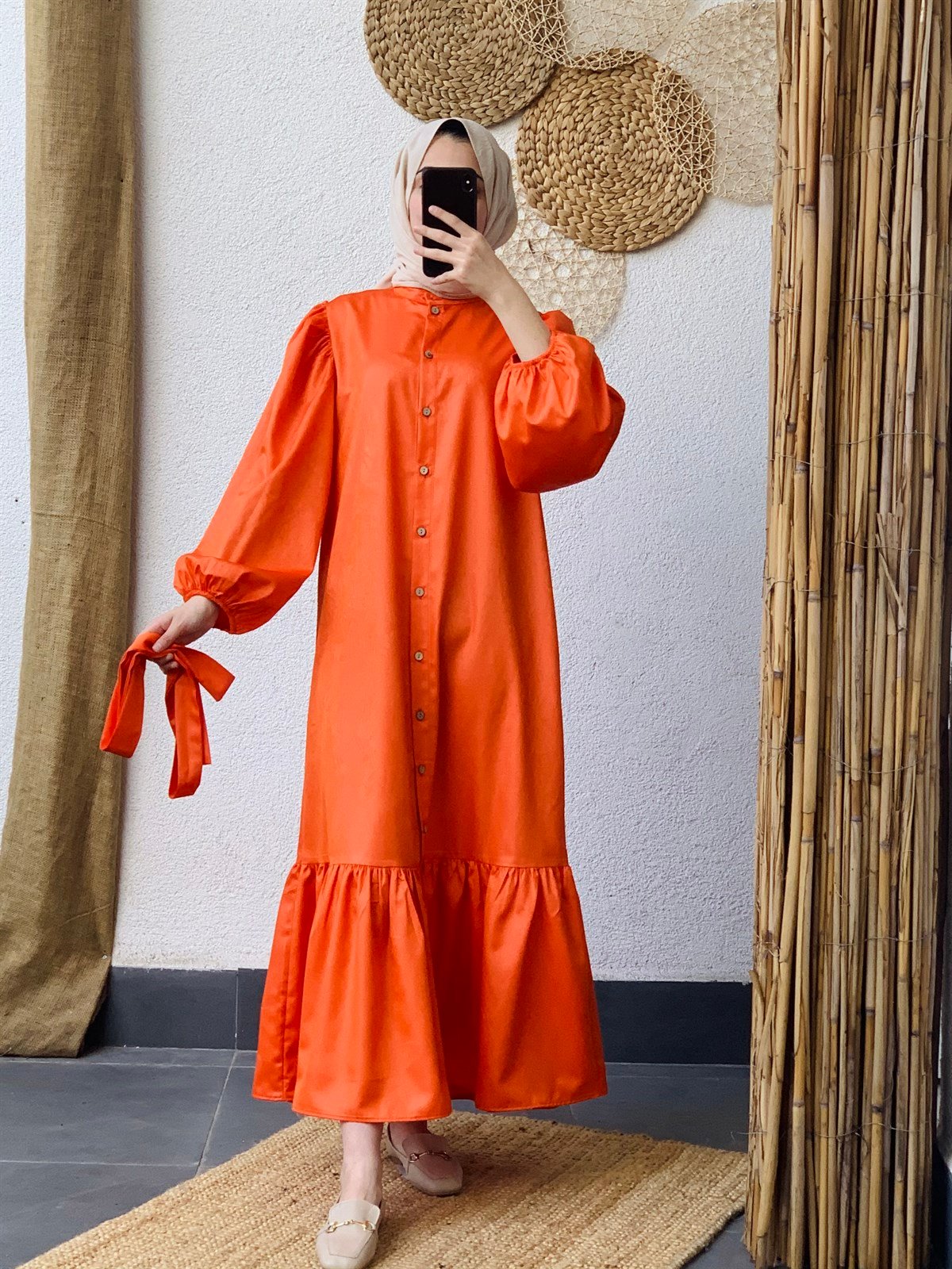 Saten Elbise Saks Oranj