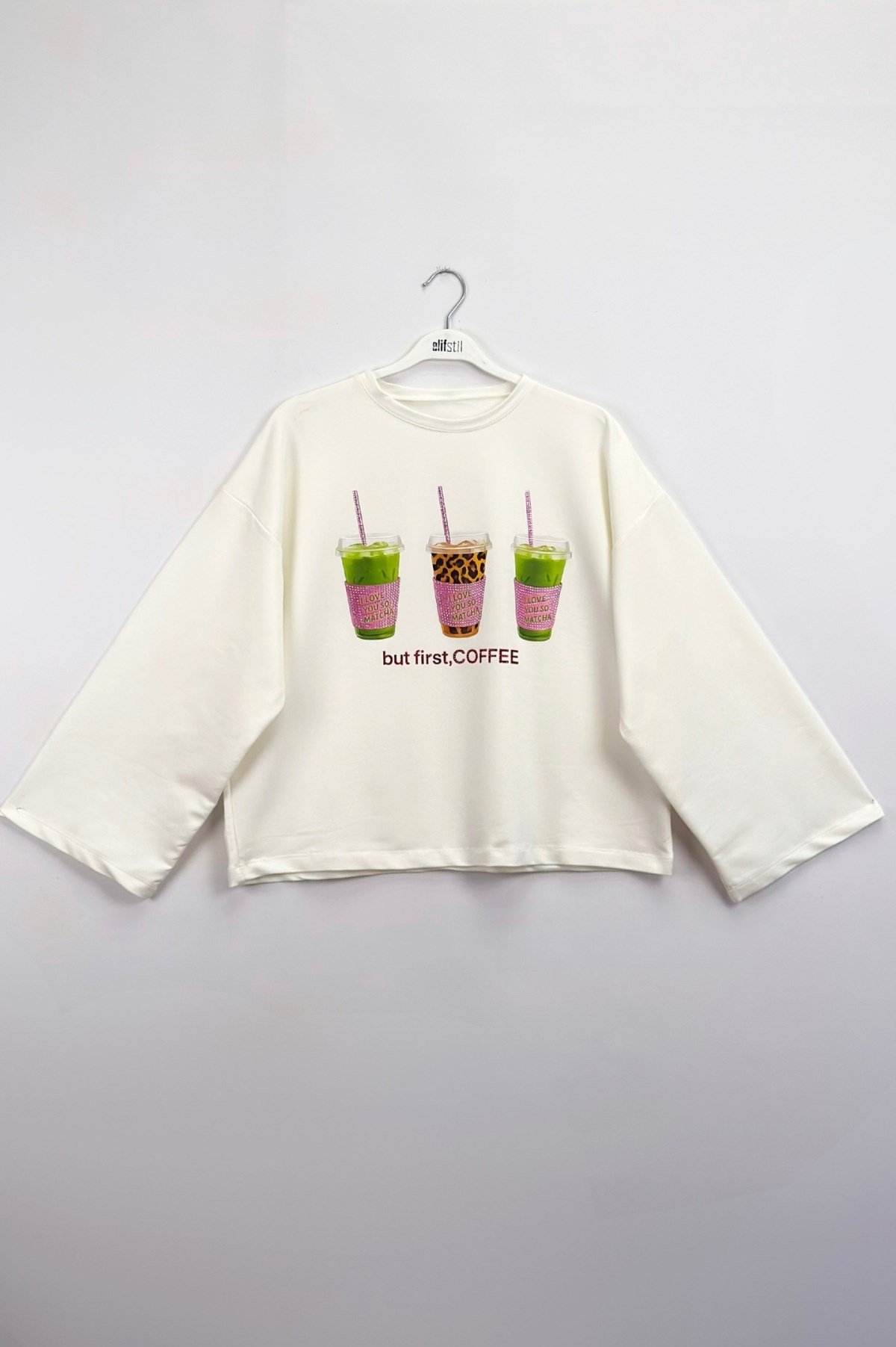 Taşlı İçecek Baskılı Sweatshirt Ekru 