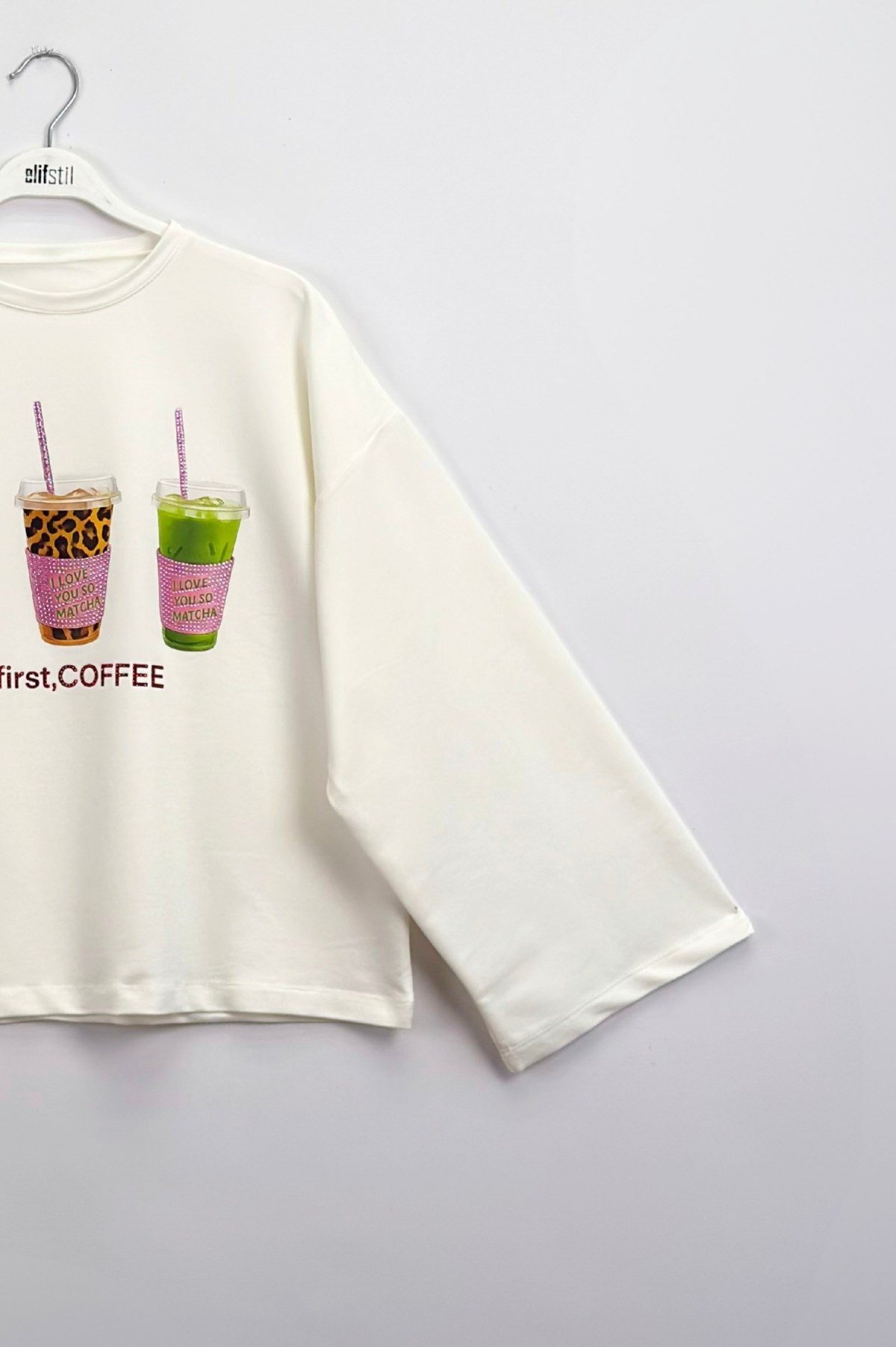 Taşlı İçecek Baskılı Sweatshirt Ekru 