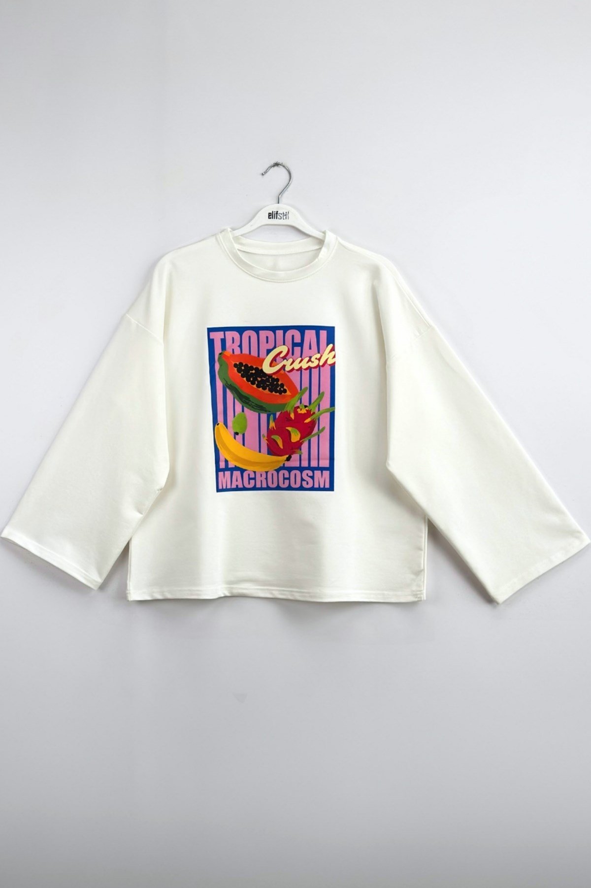 Tropikal Meyve Baskılı Sweatshirt Ekru 