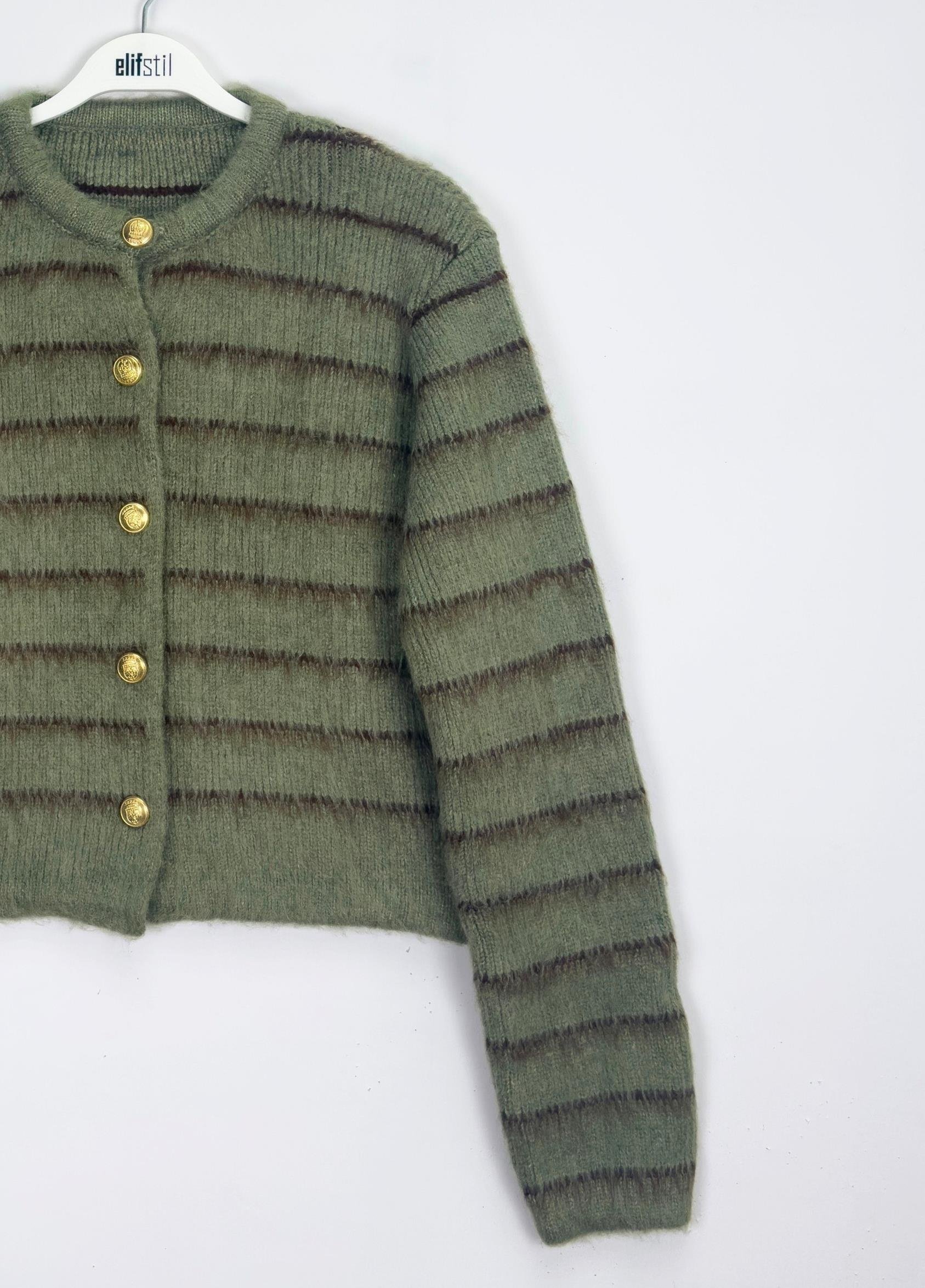 Velora Çizgili Hırka Haki 