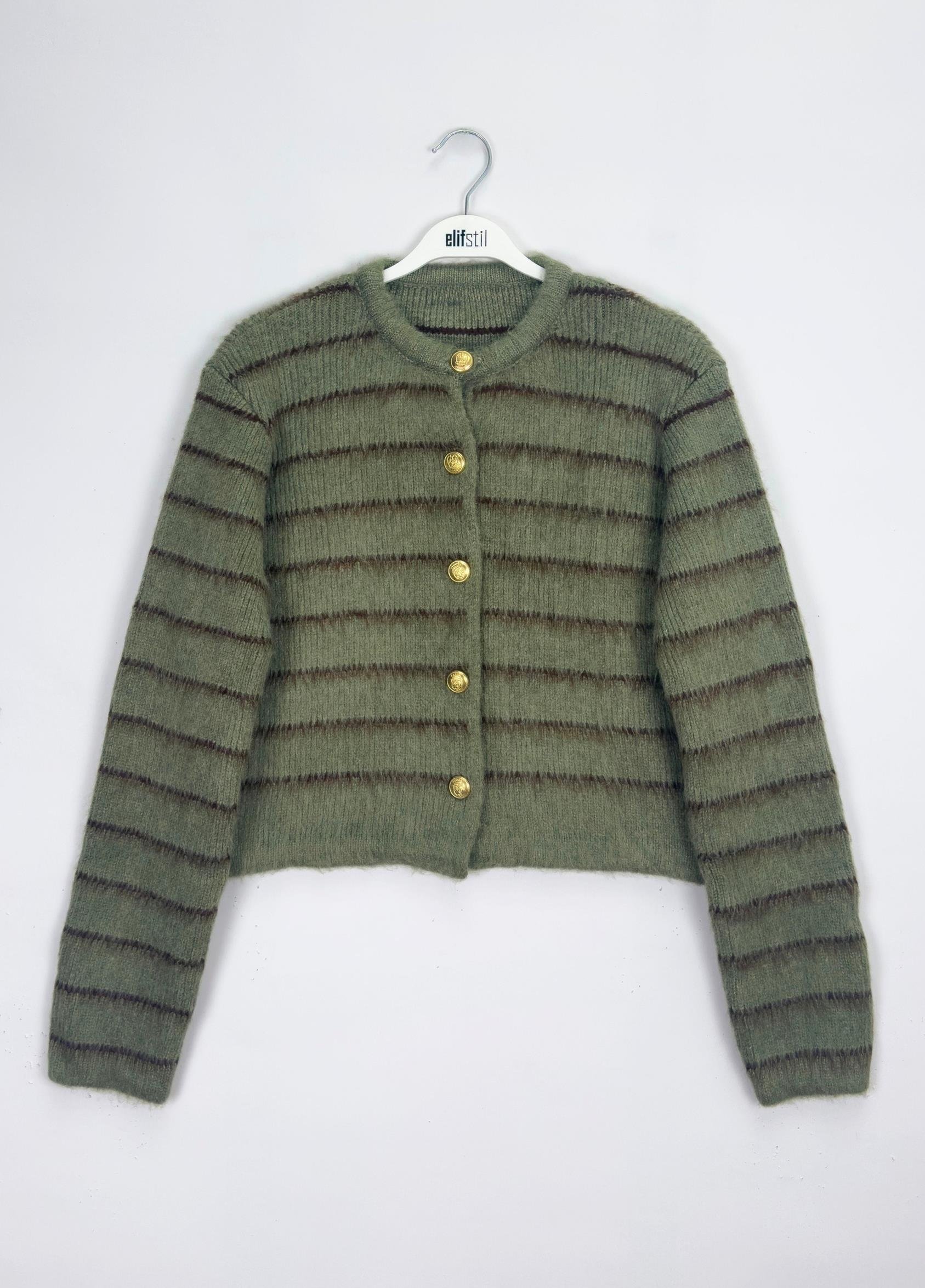 Velora Çizgili Hırka Haki 