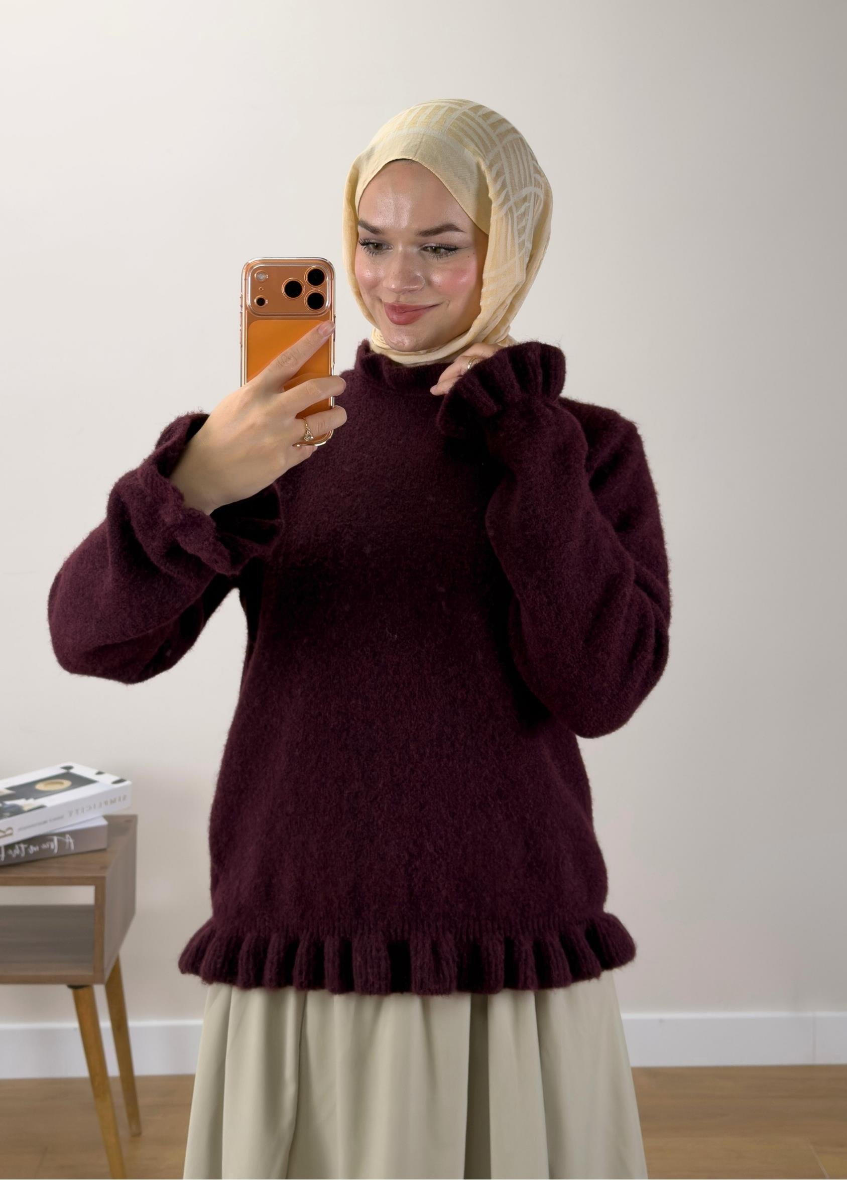 Vena Fırfırlı Kazak Bordo 