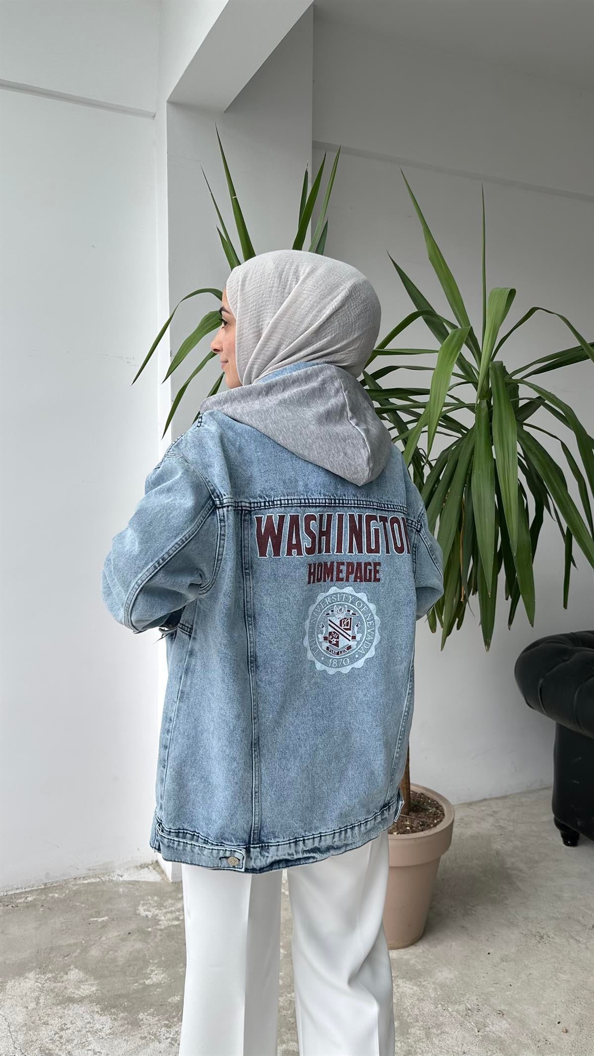 Washıngton Baskı Kot Ceket Mavi