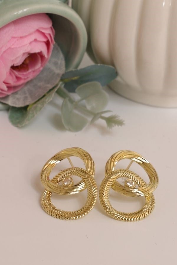 Gold Renk Çift Halka Model Trend Seri Küpe 