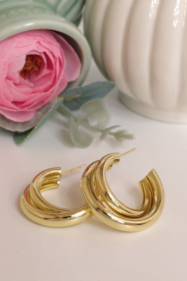 Gold Renk İkili Halka Model Trend Seri Küpe
