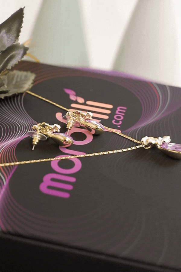Özel Tasarım Swarovski Taş Mor Renk Çiçek Detay Takı Seti 
