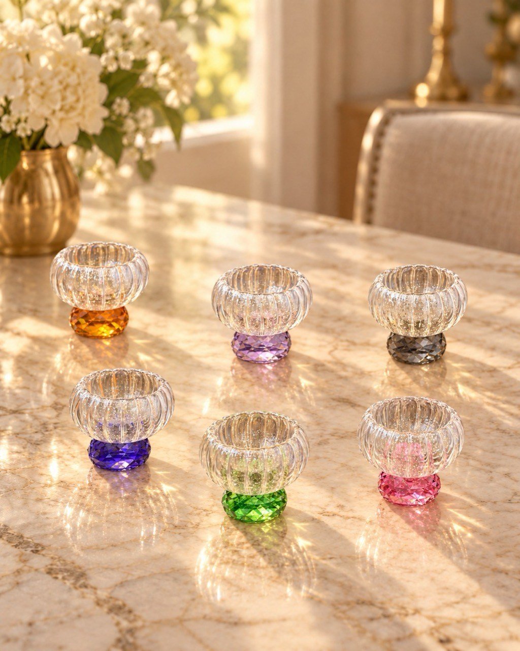 TOYGAR Asorti Renkli Kristal Ayaklı Mini Cam Kase ve Lokumluk 6'lı Set