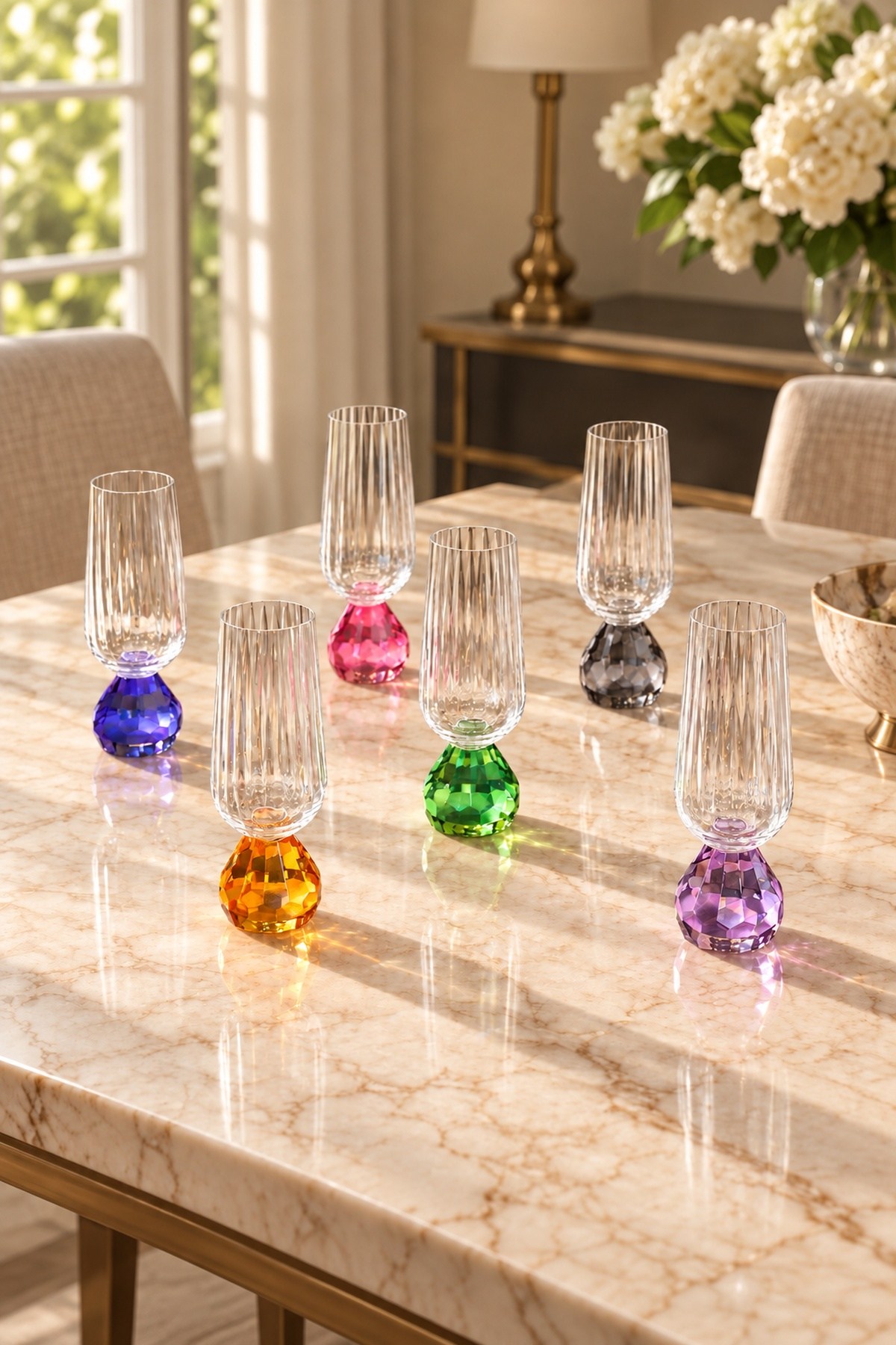 TOYGAR Asorti Renkli Kristal Top Ayaklı Çizgili Cam Kadeh 180 cc 6'lı Set