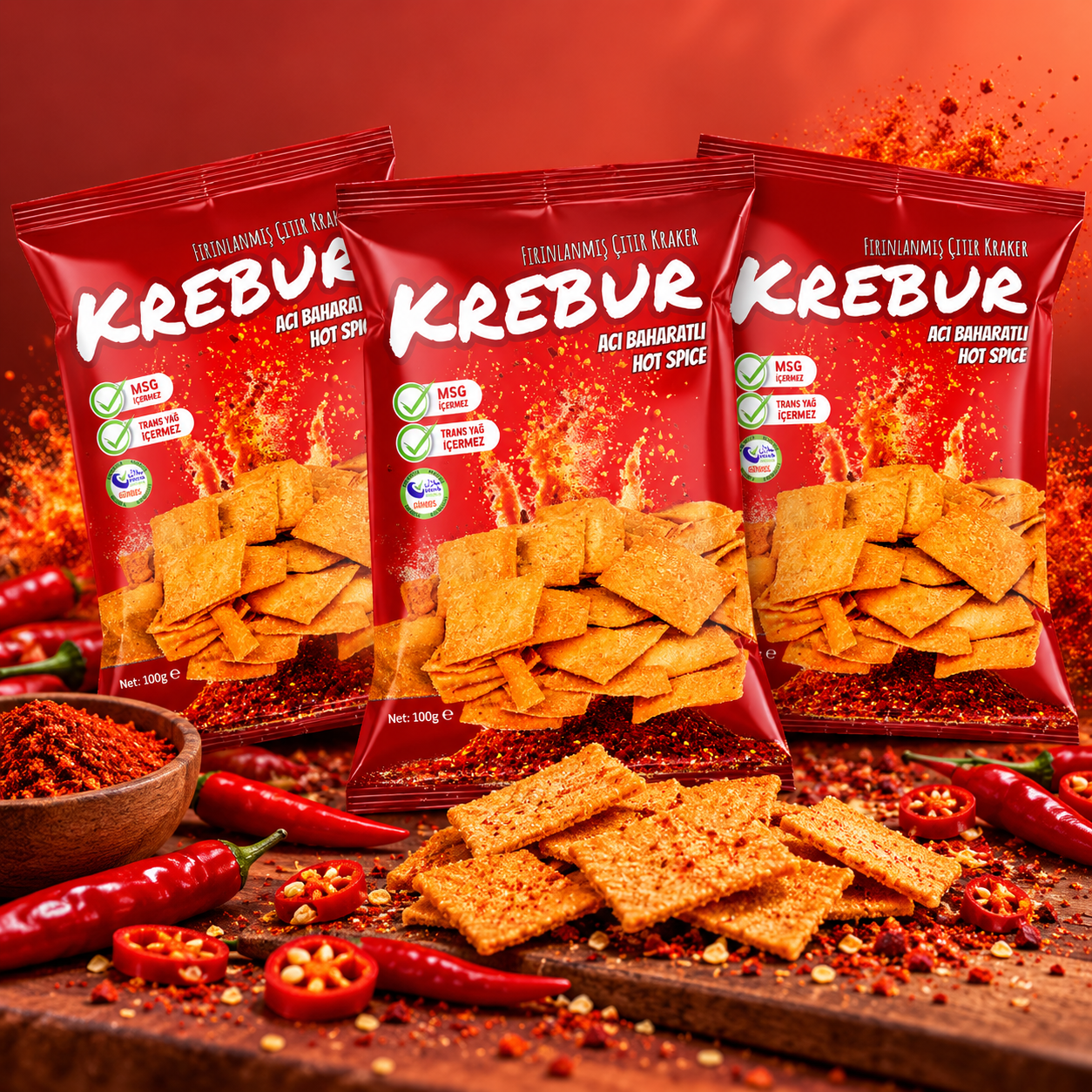 Krebur Acı Baharatlı Kraker 100gr*3lü set