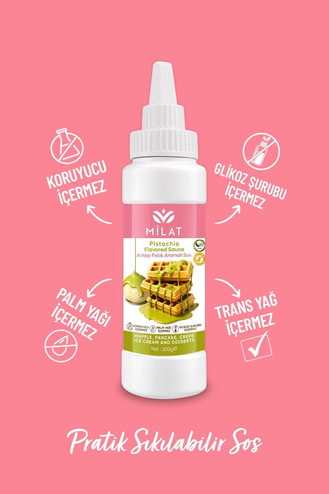 Milat Antep Fıstık Aromalı Tatlı Sos 300 g - Waffle & Krep & Pankek & Tatlı & Dondurma Sosu