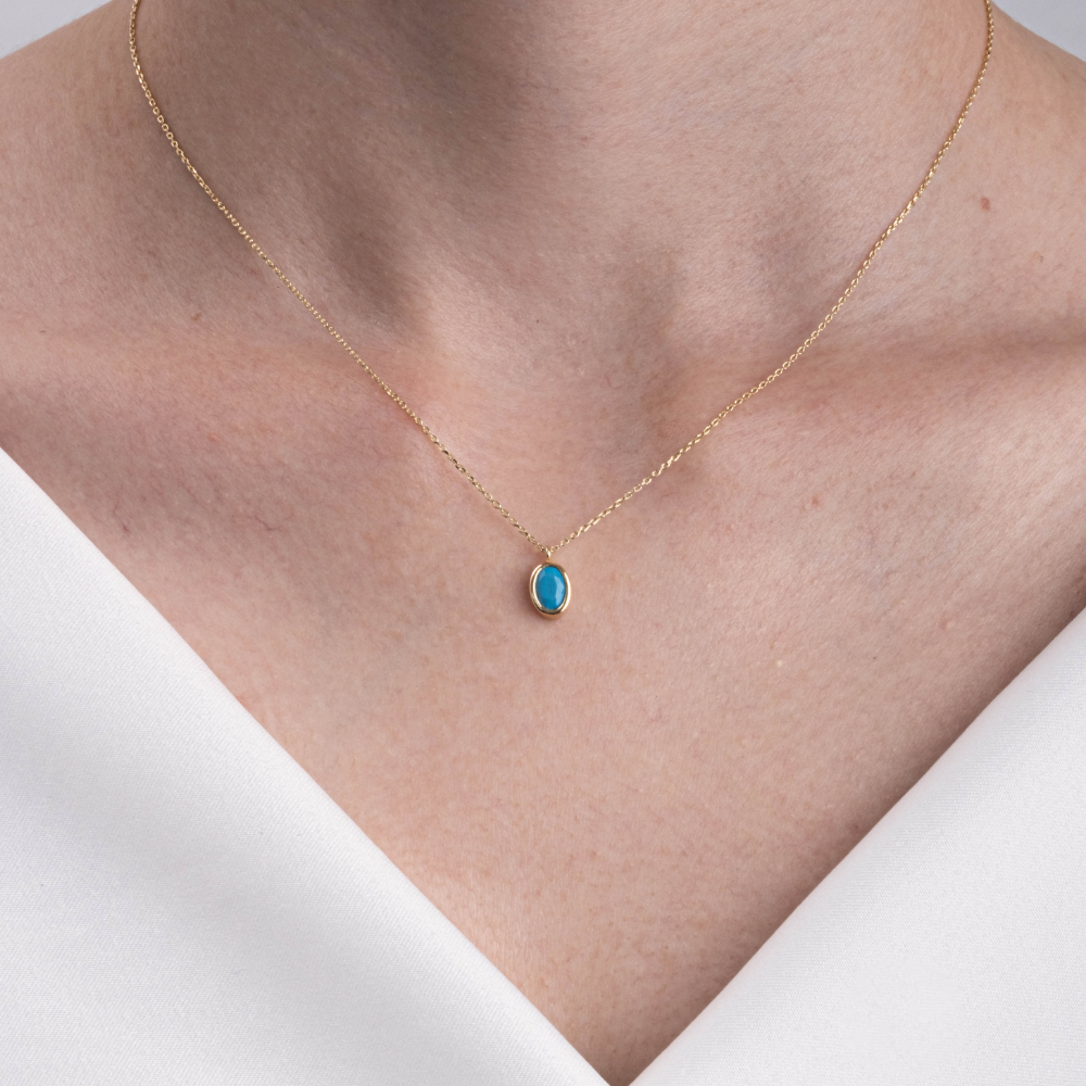 FasekGoldKOLYELER 0,50CT Firuze(Turkuaz)Sade Minimal Tasarım Tarz 14 Ayar Altın Doğal Taşlı Kolye-Zümrüt Altın Kolye